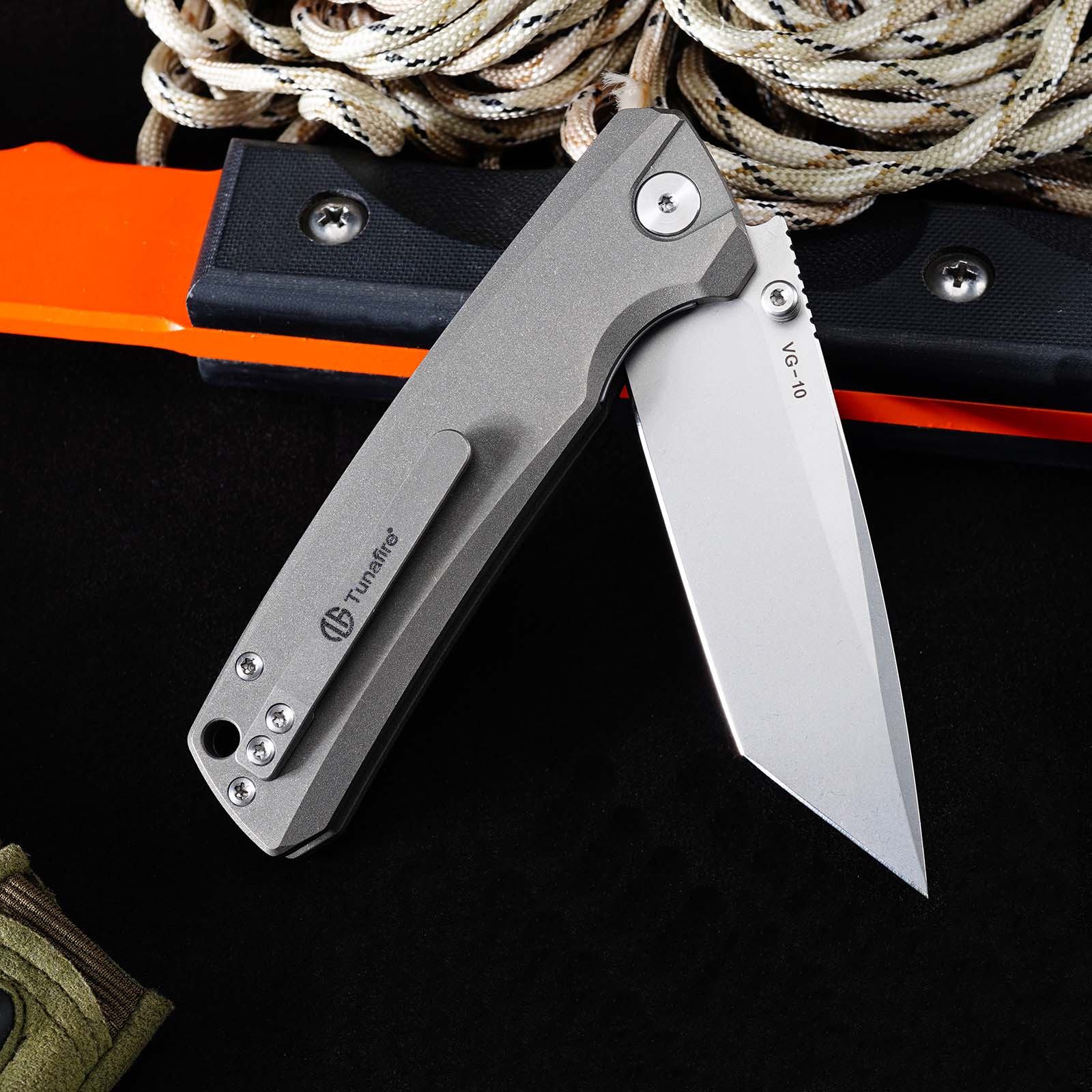 Tunafire Knife GT-T0077 VG10 Steel Folding Pocket Knife, Gray Titanium alloy Handle Ceramic Bearing EDC Utility Knife