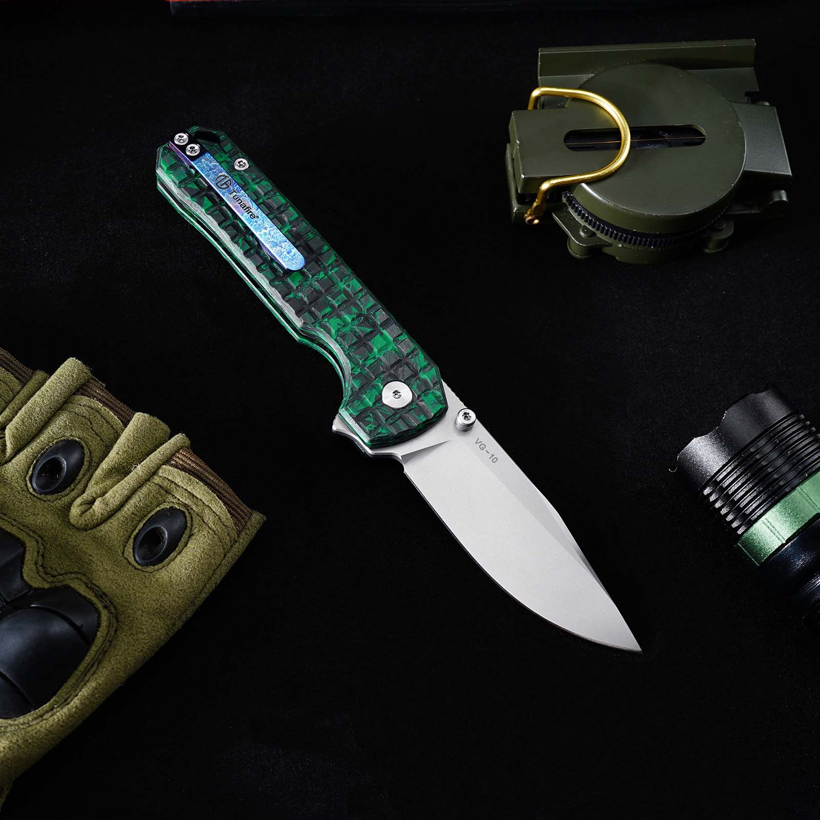Tunafire Knife GT‑T0073‑7 VG‑10 Folding Knife, Carbon Fiber Handle Ball Bearing Stonewashed EDC Pocket Knife