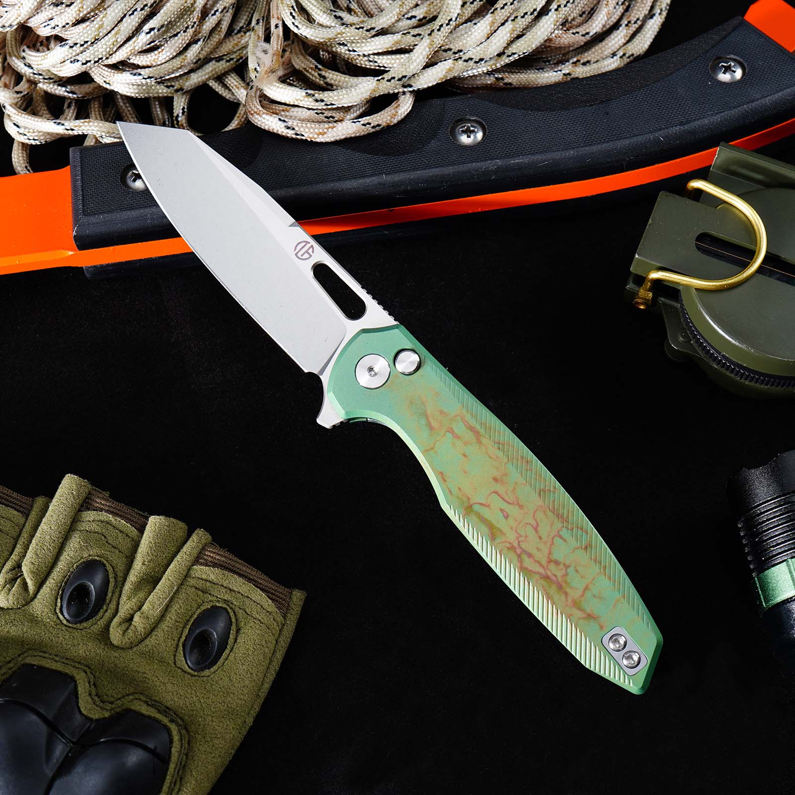 Tunafire Knife 3.39 "VG10 Blade Button Lock Titanium Alloy Burning Green Handle Tactical Survival Pocket Knife  GT-T0044-5