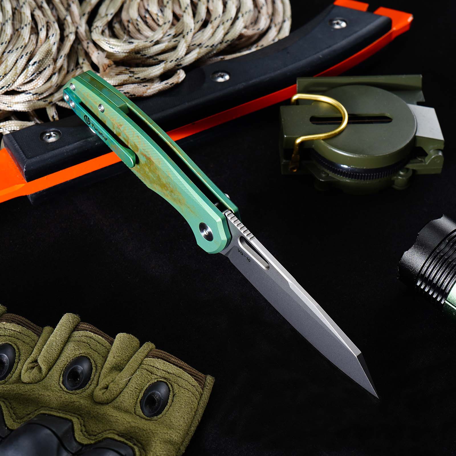 Tunafire Knife 3.39 "VG10 Blade Button Lock Titanium Alloy Burning Green Handle Tactical Survival Pocket Knife  GT-T0044-5