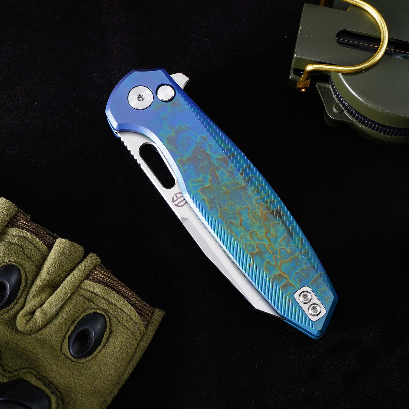 Tunafire Knife GT-T0044-5 |3.39 "|VG10 Blade| Button Lock| Titanium Alloy Burning Blue Handle |TUNAFIRE KNVES