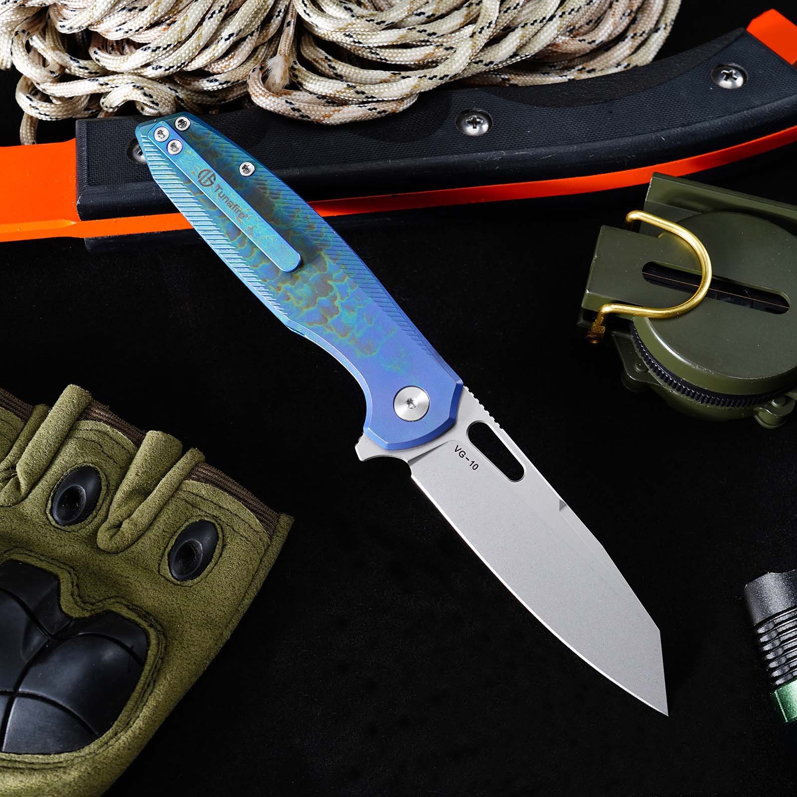 Tunafire Knife GT-T0044-5 |3.39 "|VG10 Blade| Button Lock| Titanium Alloy Burning Blue Handle |TUNAFIRE KNVES