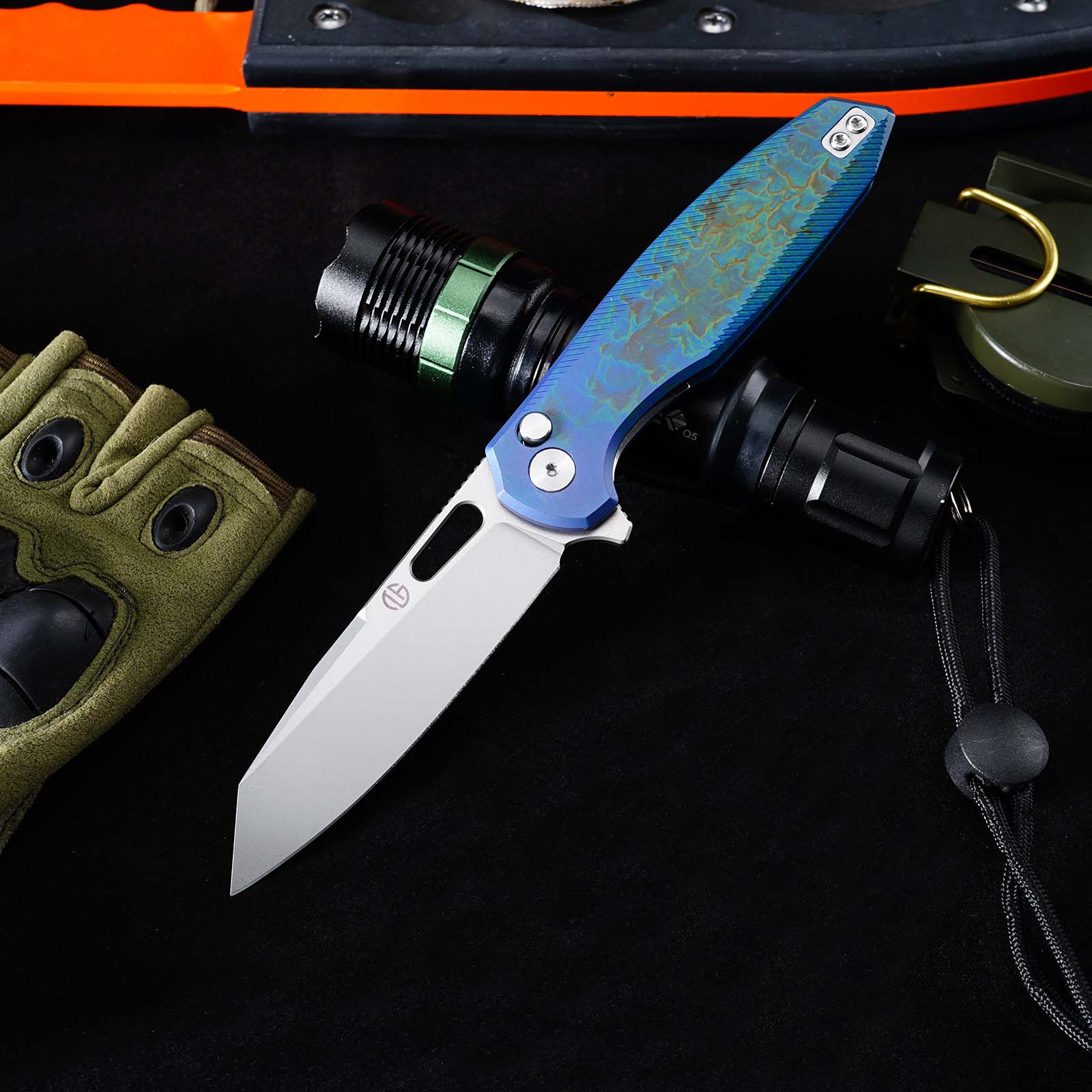 Tunafire Knife GT-T0044-5 |3.39 "|VG10 Blade| Button Lock| Titanium Alloy Burning Blue Handle |TUNAFIRE KNVES