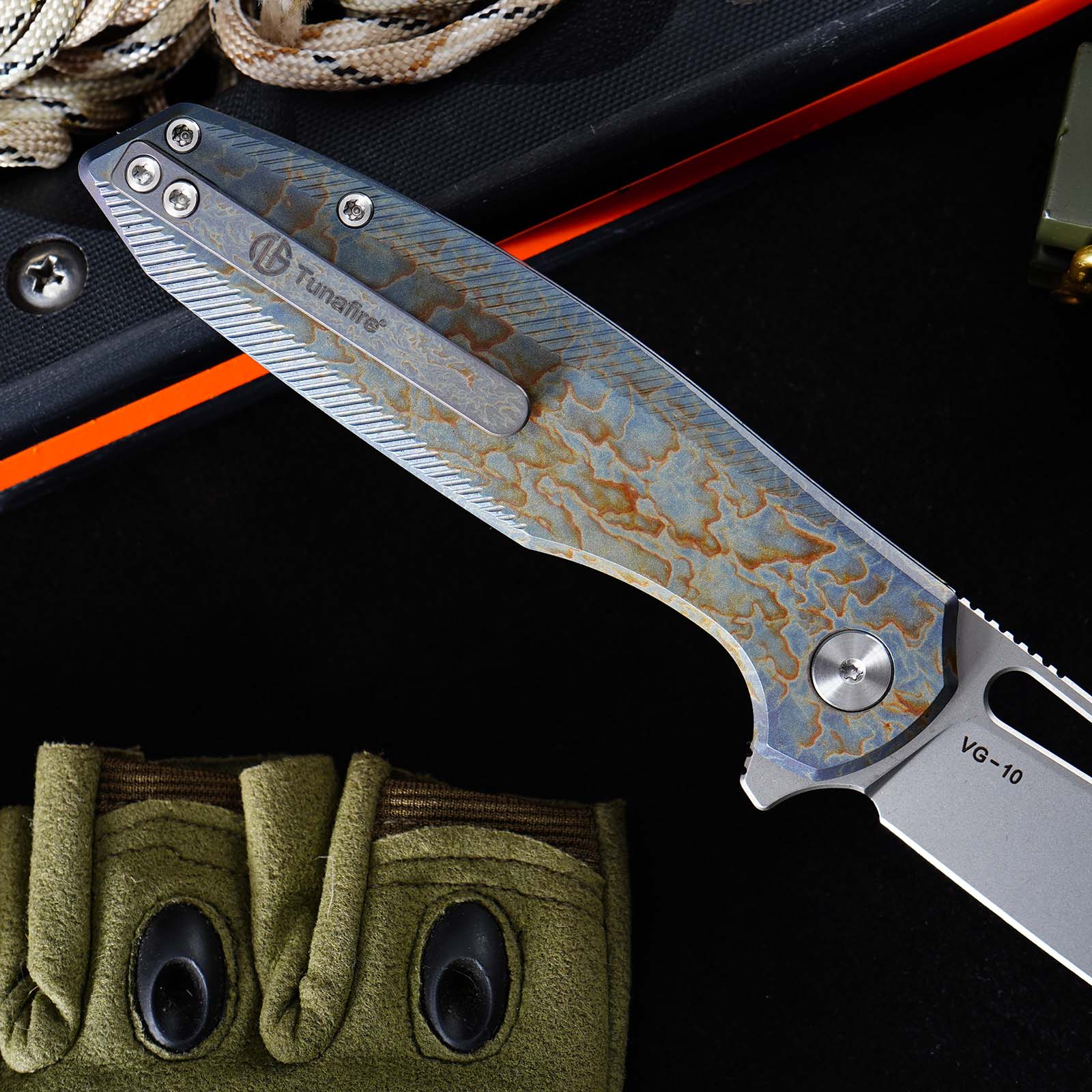 Tunafire knife GT-T0044-5 Titanium Alloy Button Lock Folding Knife VG10 BLADE Camping Hunting Pocket Knife