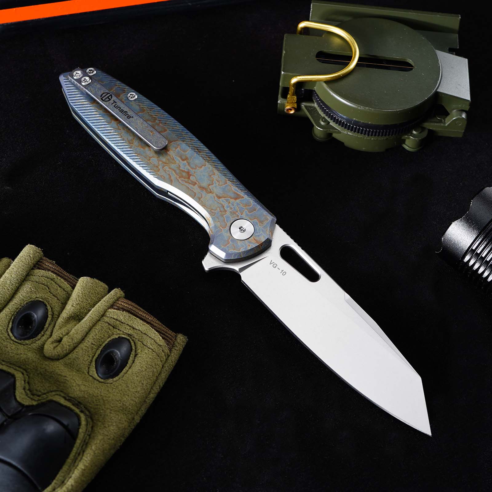 Tunafire knife GT-T0044-5 Titanium Alloy Button Lock Folding Knife VG10 BLADE Camping Hunting Pocket Knife