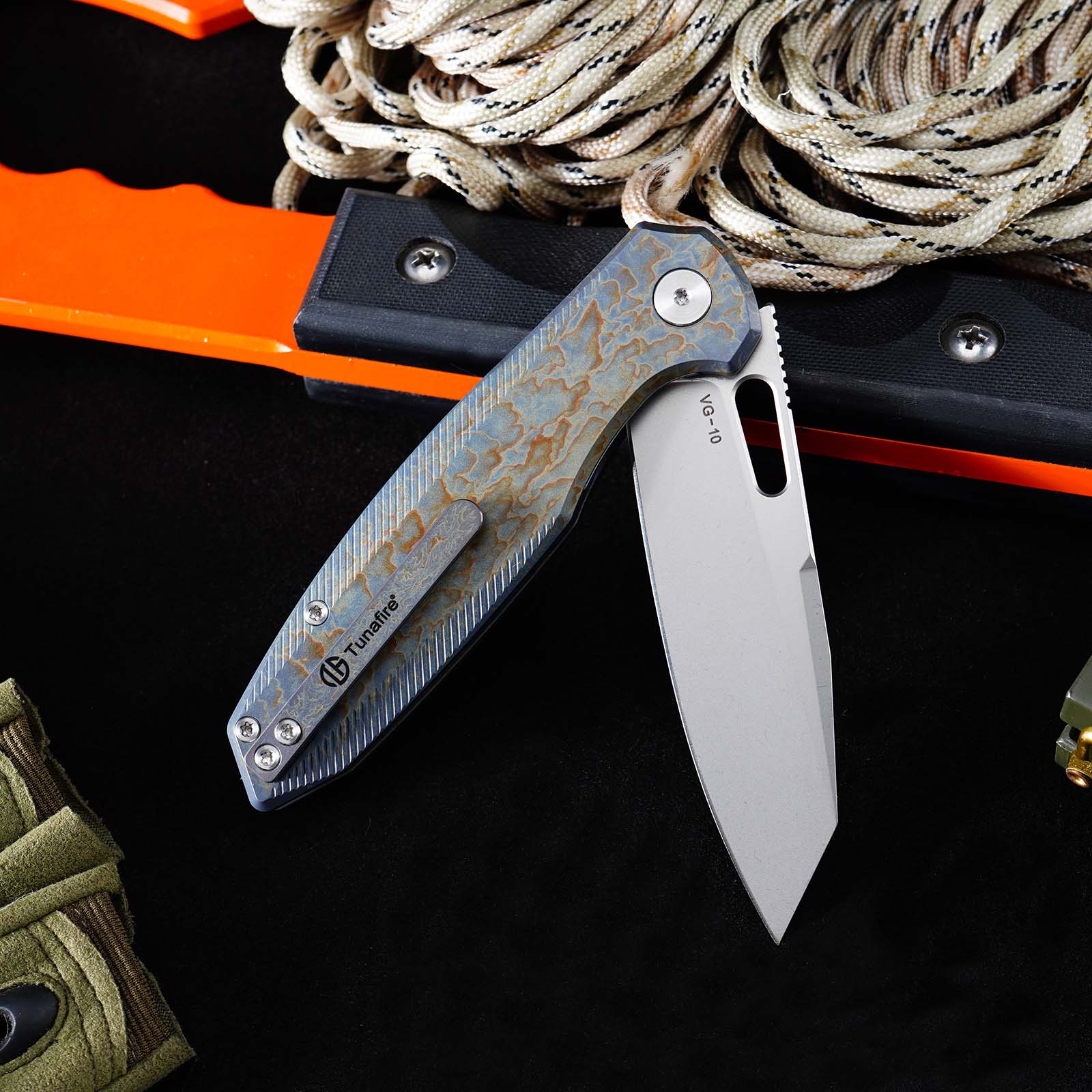 Tunafire knife GT-T0044-5 Titanium Alloy Button Lock Folding Knife VG10 BLADE Camping Hunting Pocket Knife