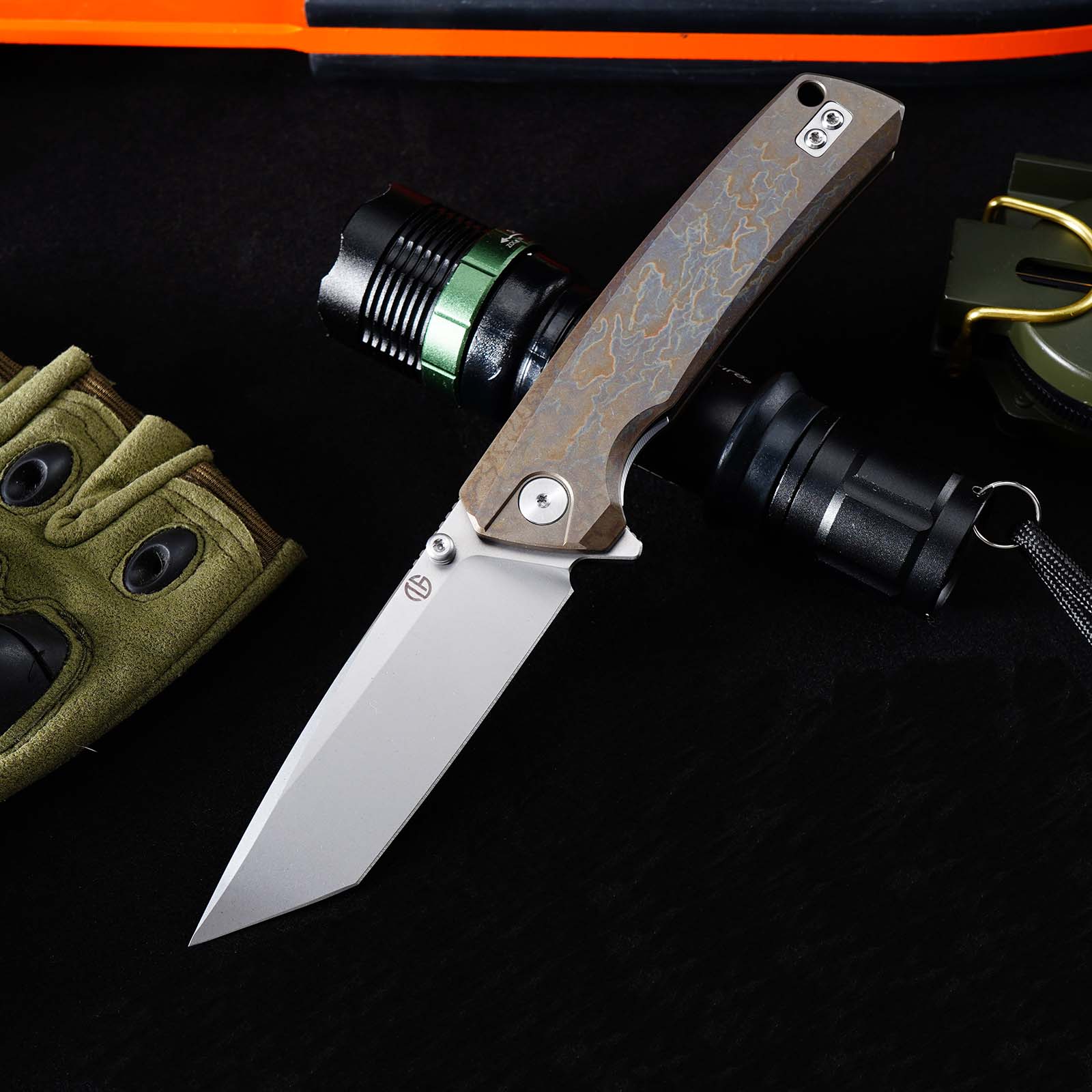 GT-T0077 EDC Folding Knife 3.43"VG10 Blade Titanium Handle With Stone Wash And Color Anodizing Ceramic Ball Bearing Pocket Knife