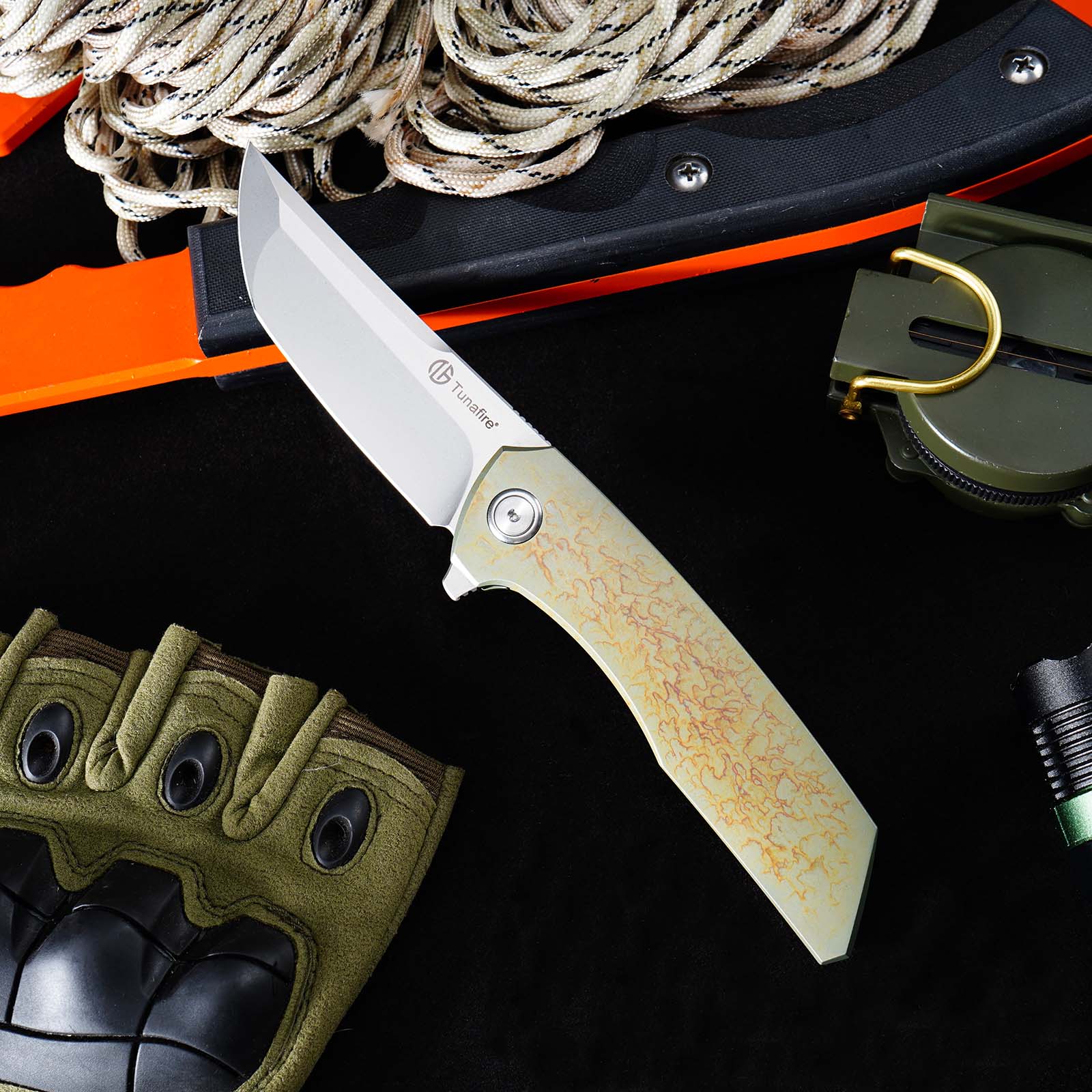 Tunafire GT-T0075 Folding Knife 3.43"VG10 Stainless Steel Blade Titanium Handle Ceramic Ball Bearing Pocket Knife
