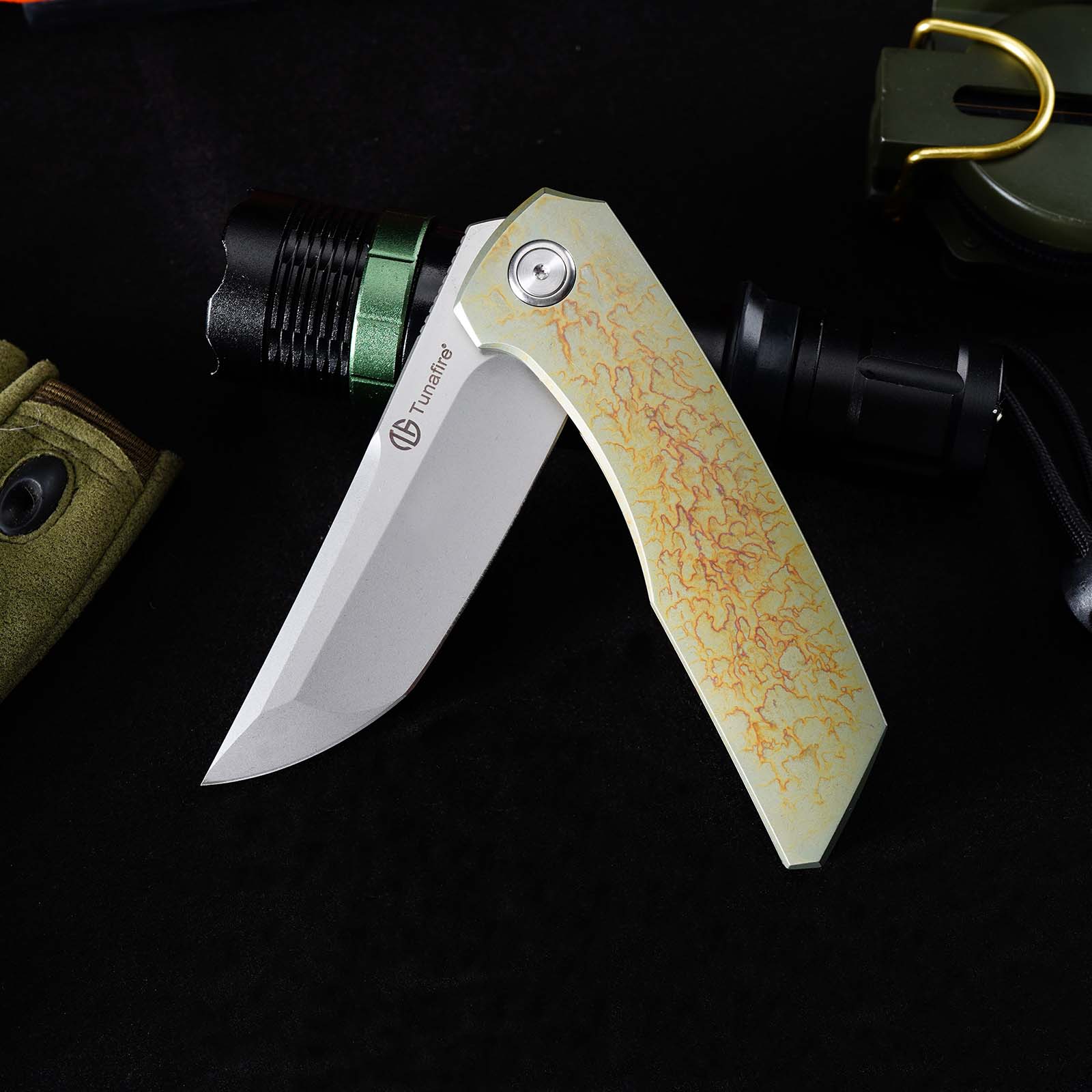 Tunafire GT-T0075 Folding Knife 3.43"VG10 Stainless Steel Blade Titanium Handle Ceramic Ball Bearing Pocket Knife
