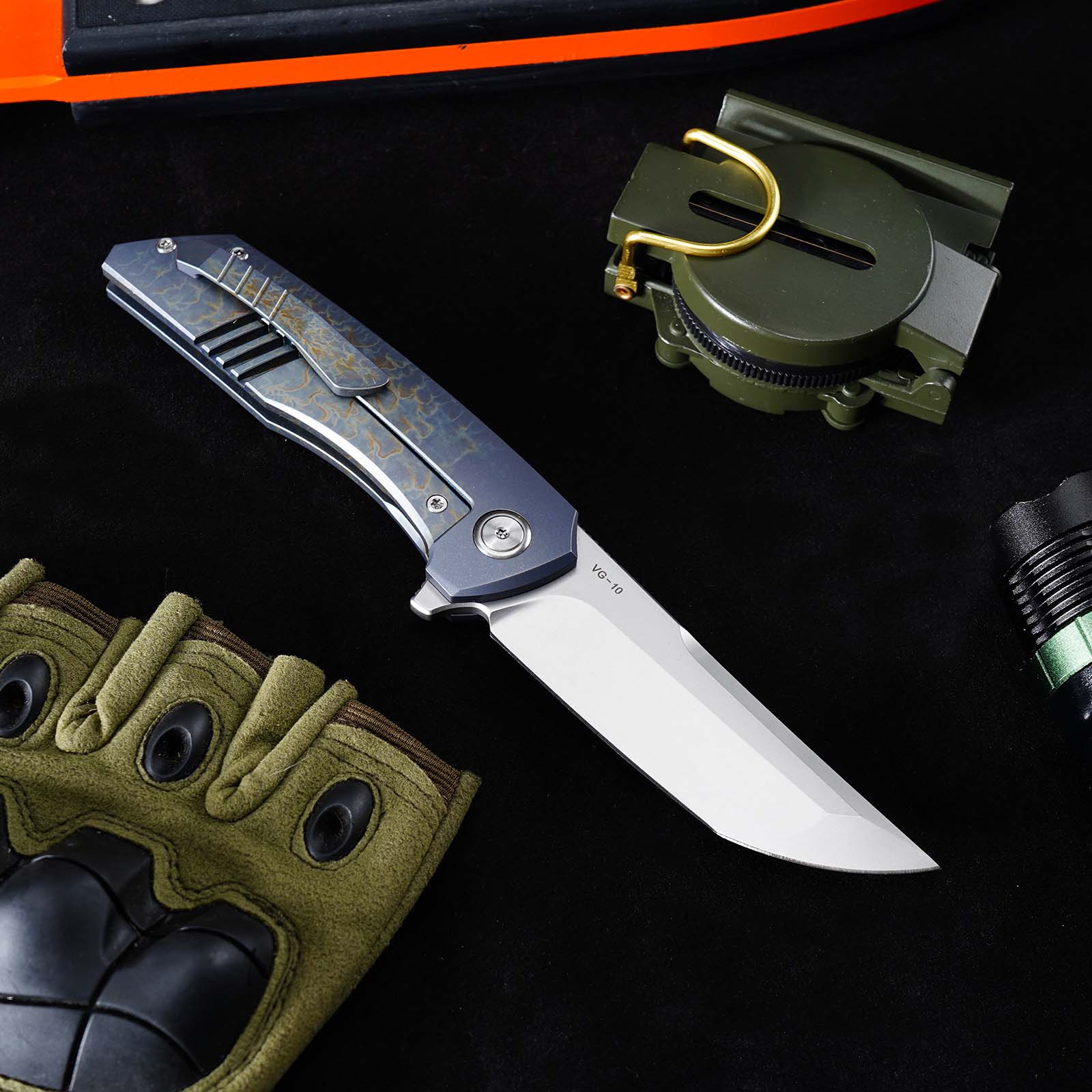 Tunafire GT-T0075 VG10 Blade Folding Knife Titanium Handle Ceramic Ball Bearing TacticaL Survival Knife EDC Tool