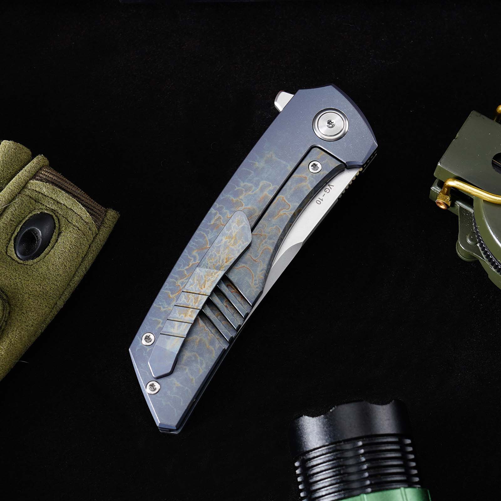 Tunafire GT-T0075 VG10 Blade Folding Knife Titanium Handle Ceramic Ball Bearing TacticaL Survival Knife EDC Tool