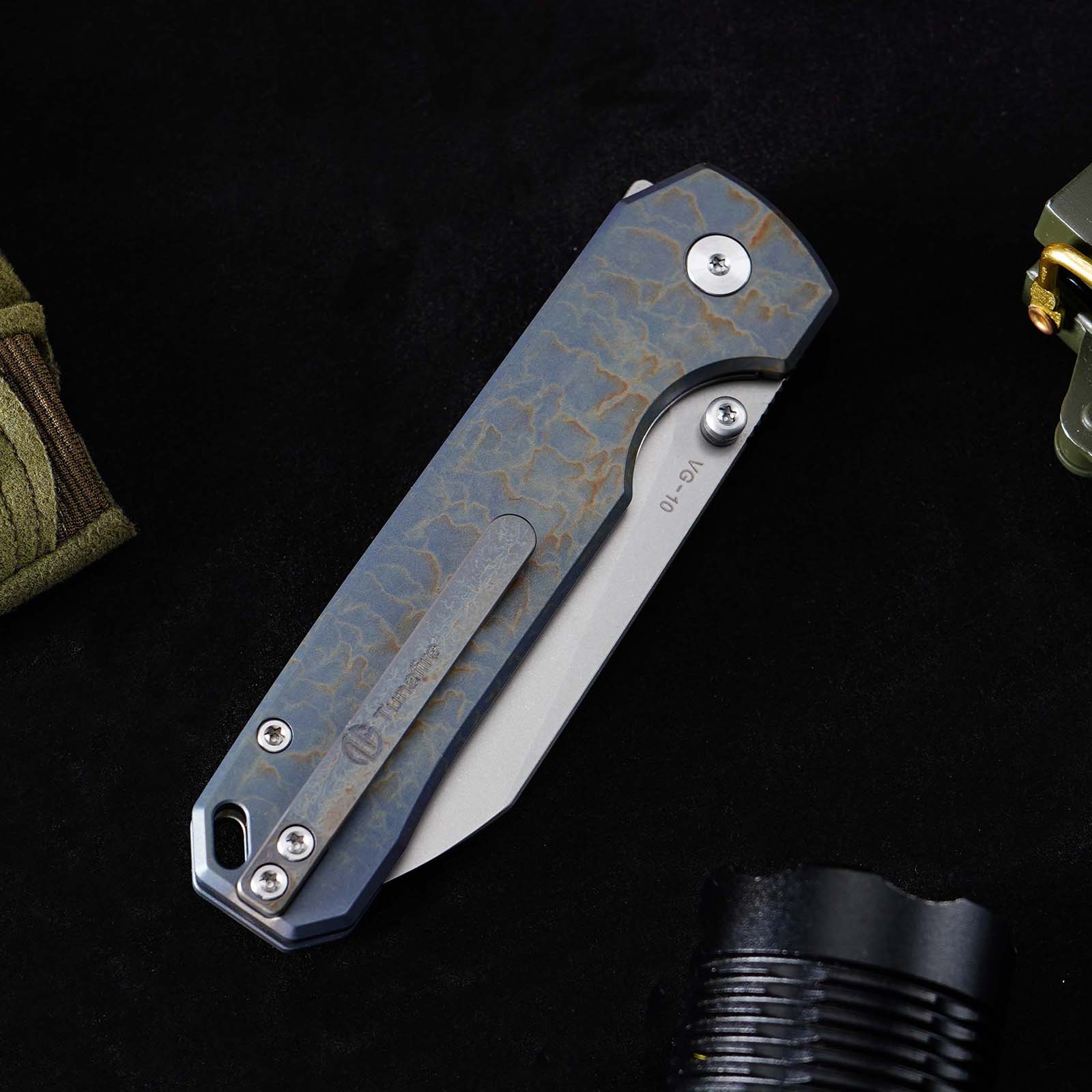 Tunafire GT-T0070-1 Knife M390 Steel Ball Bearing Folding Pocket Knife, Titanium Handle EDC Utility Knife Stone‑Wash Finish