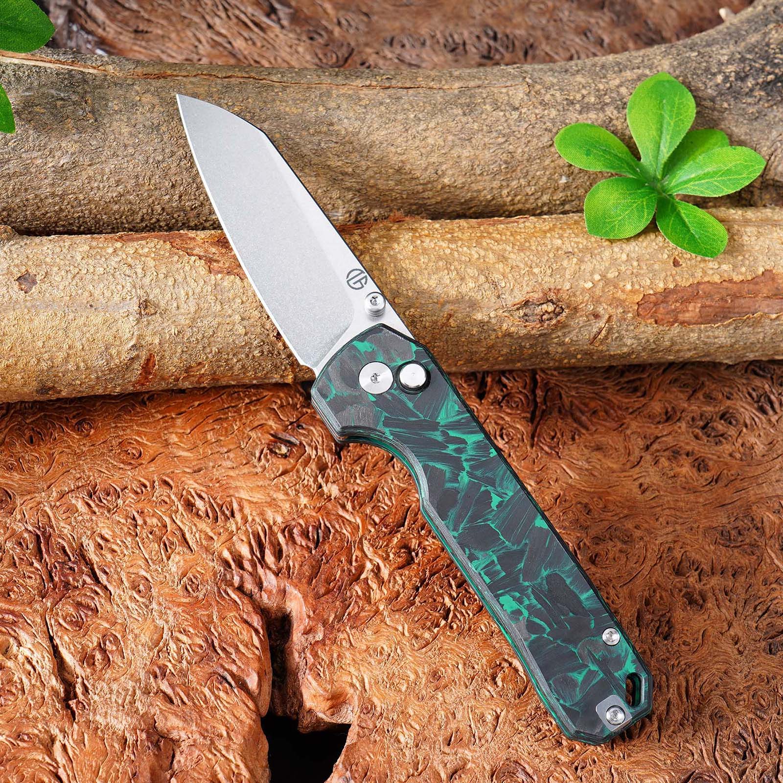Tunaifire GT-T0070-3 Folding Knife |  VG10 Blade | Luminous Carbon Fiber Green Glow-in-the-dark Handle | Button Liner Lock | Pocket Knife
