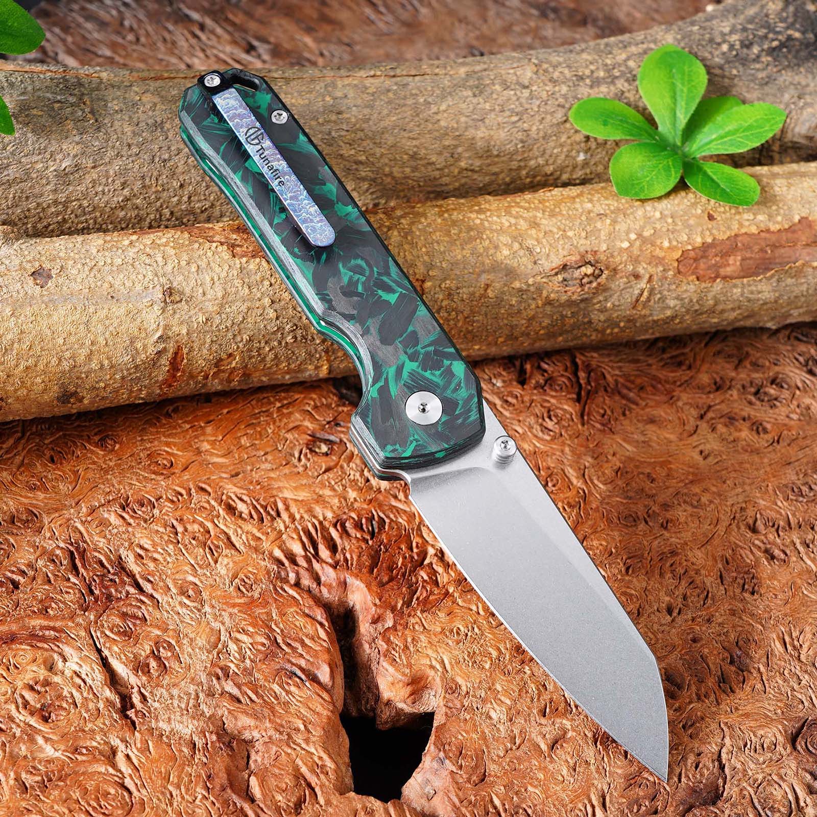 Tunaifire GT-T0070-3 Folding Knife |  VG10 Blade | Luminous Carbon Fiber Green Glow-in-the-dark Handle | Button Liner Lock | Pocket Knife