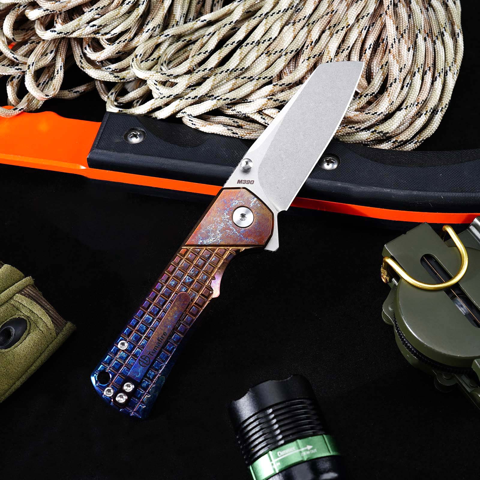 Tunafire Knives GT-T0081 3.19''M390 Titanium Folding Pocket Knife Titanium Anodized Burnt Handle EDC Knife