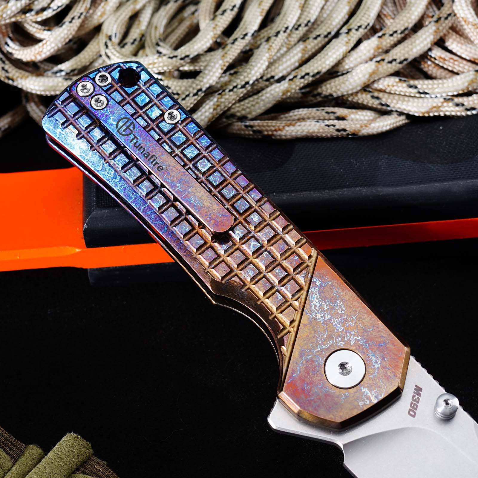 Tunafire Knives GT-T0081 3.19''M390 Titanium Folding Pocket Knife Titanium Anodized Burnt Handle EDC Knife