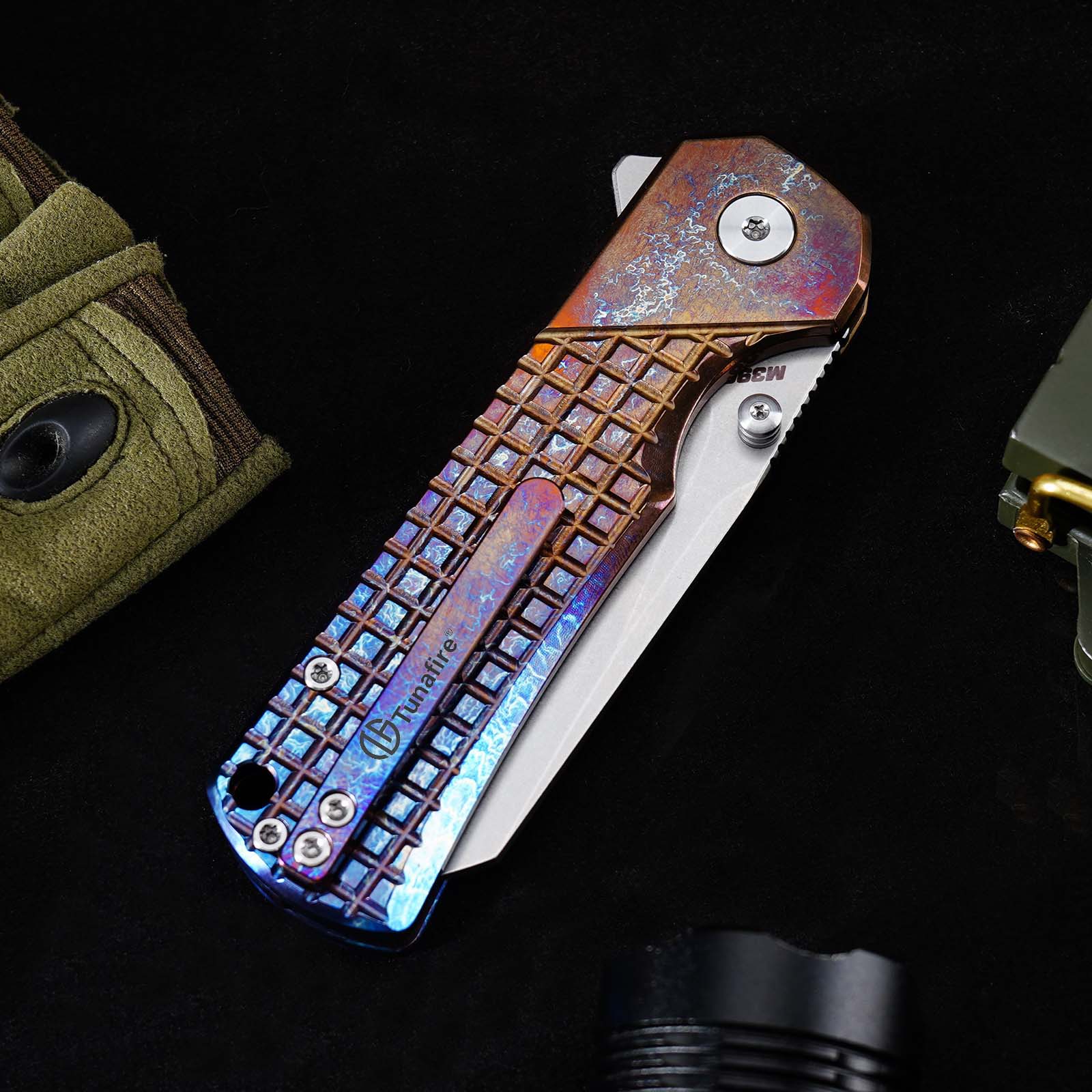 Tunafire Knives GT-T0081 3.19''M390 Titanium Folding Pocket Knife Titanium Anodized Burnt Handle EDC Knife