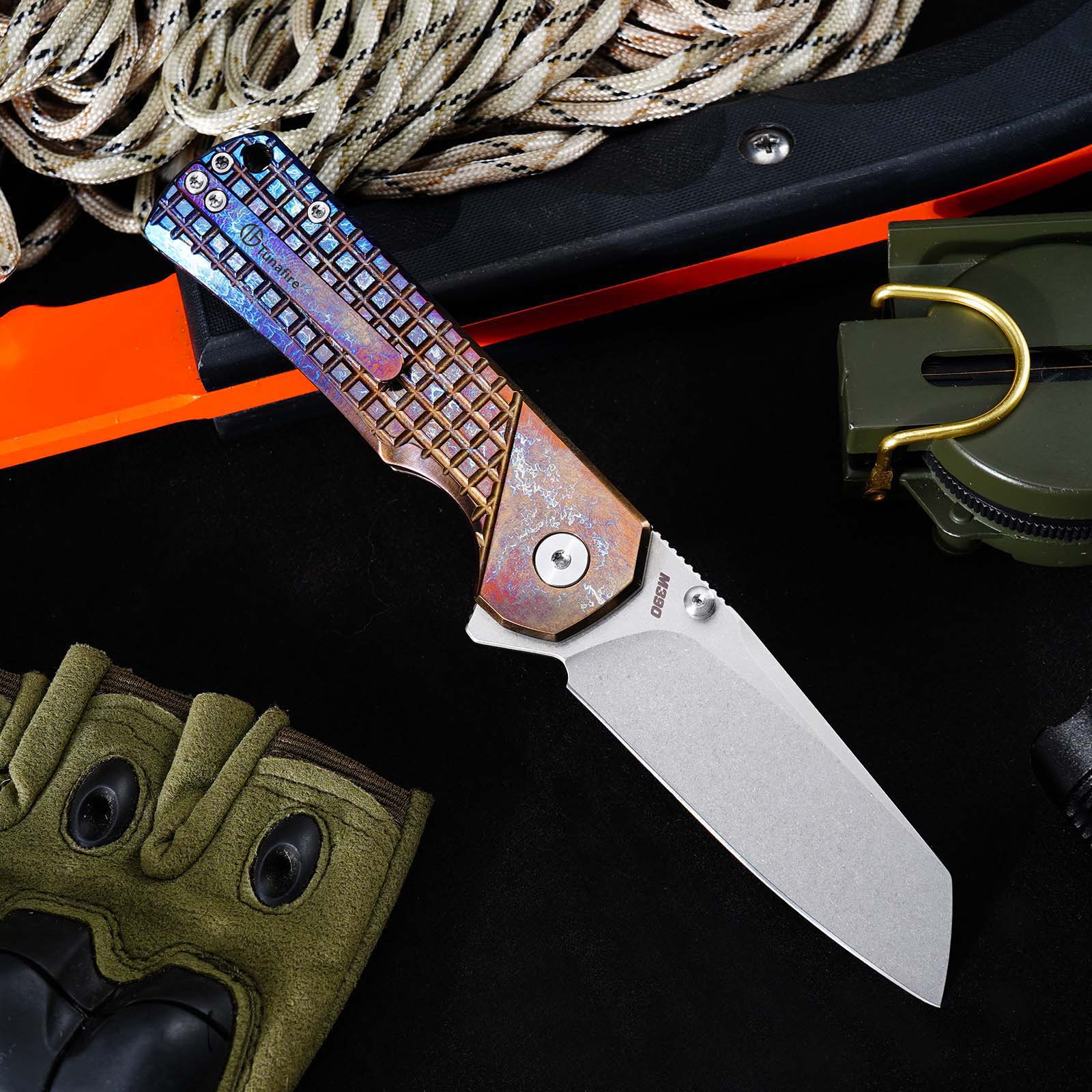 Tunafire Knives GT-T0081 3.19''M390 Titanium Folding Pocket Knife Titanium Anodized Burnt Handle EDC Knife