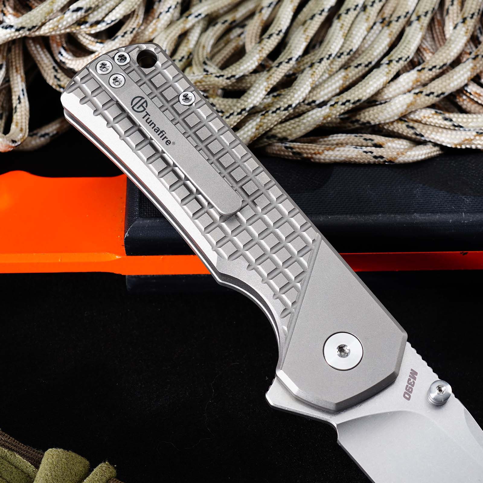 Tunafire GT-T0081  M390 EDC Folding Pocket Knife | Gray Titanium Handle Everyday Carry Outdoor Tool