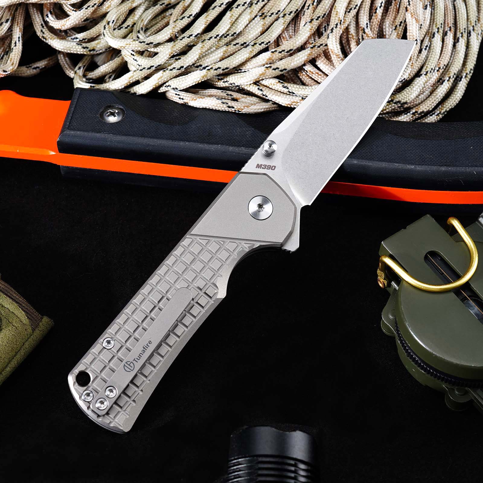 Tunafire GT-T0081  M390 EDC Folding Pocket Knife | Gray Titanium Handle Everyday Carry Outdoor Tool