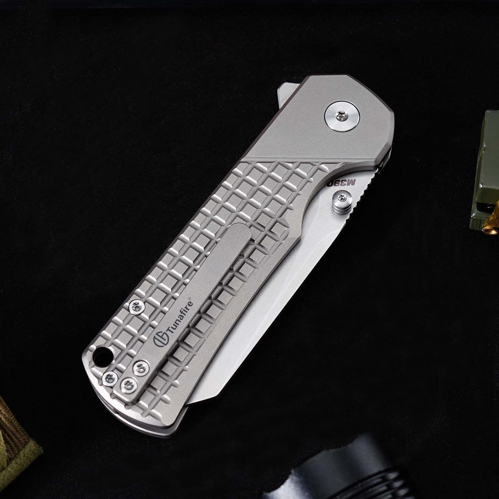 Tunafire GT-T0081  M390 EDC Folding Pocket Knife | Gray Titanium Handle Everyday Carry Outdoor Tool