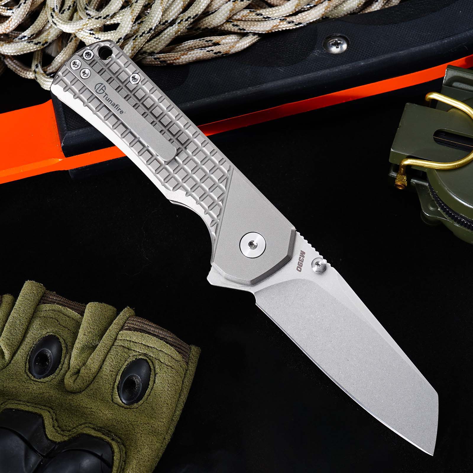Tunafire GT-T0081  M390 EDC Folding Pocket Knife | Gray Titanium Handle Everyday Carry Outdoor Tool