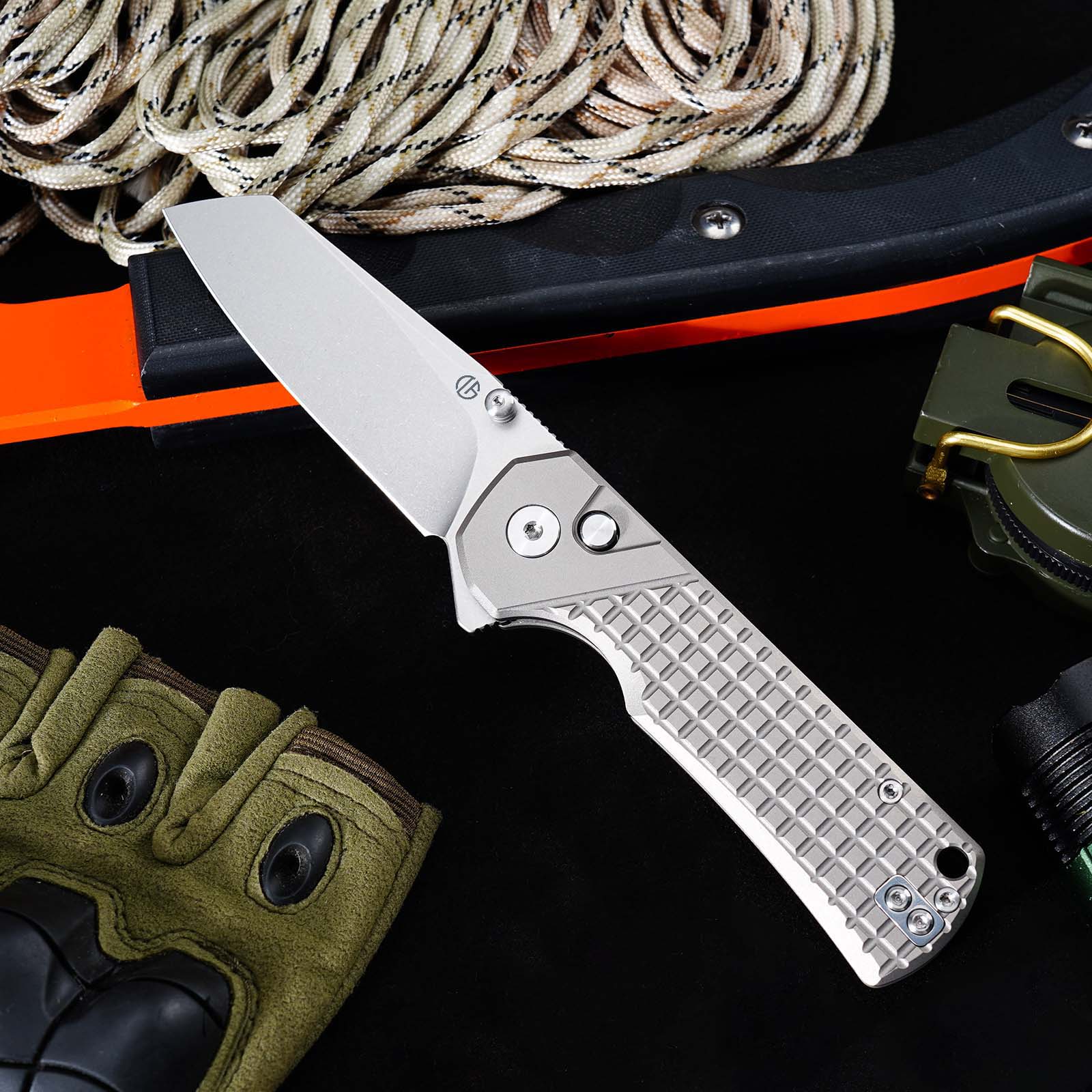 Tunafire GT-T0081  M390 EDC Folding Pocket Knife | Gray Titanium Handle Everyday Carry Outdoor Tool