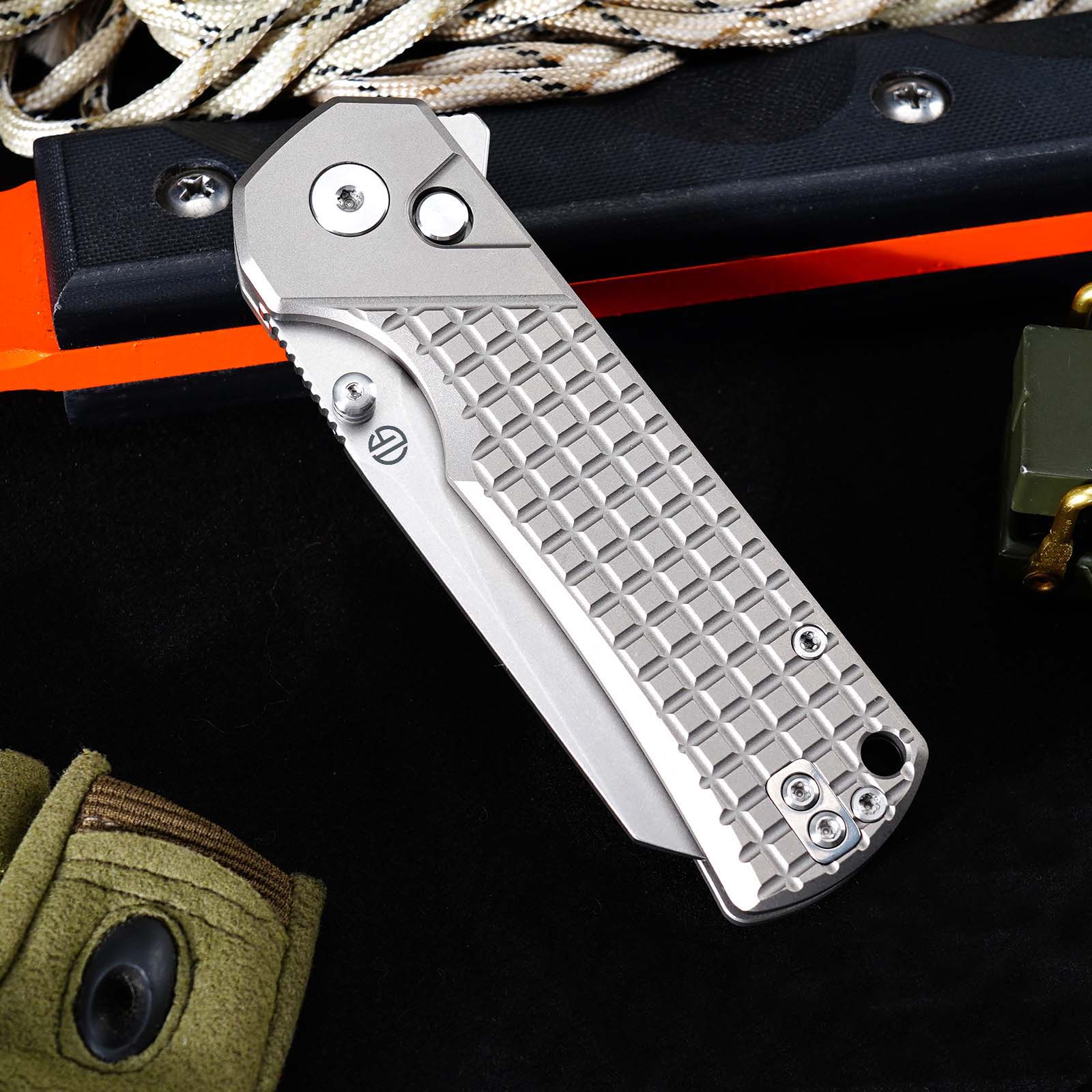 Tunafire GT-T0081  M390 EDC Folding Pocket Knife | Gray Titanium Handle Everyday Carry Outdoor Tool