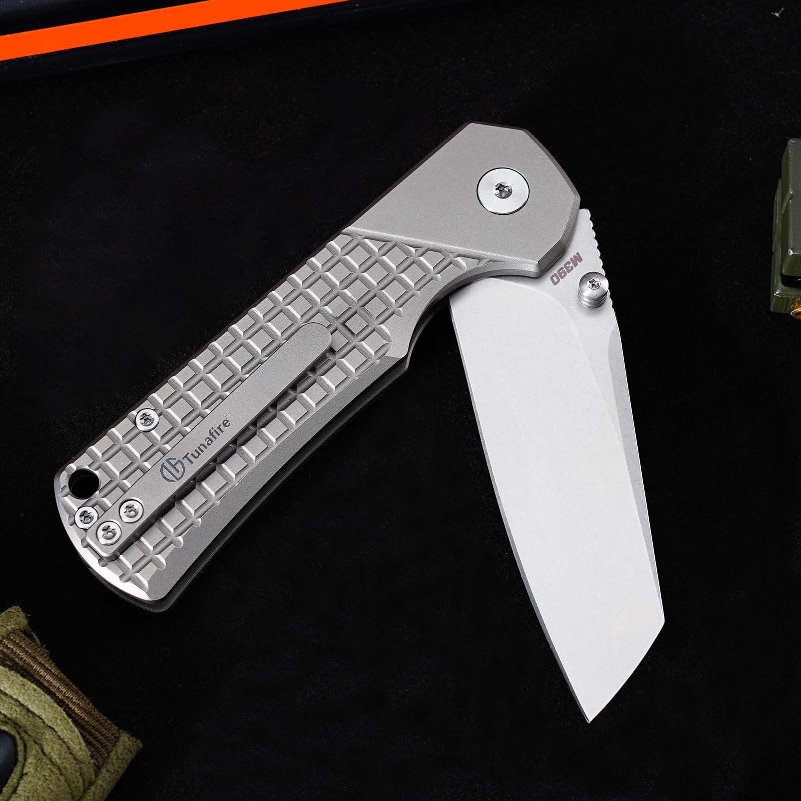 Tunafire GT-T0081  M390 EDC Folding Pocket Knife | Gray Titanium Handle Everyday Carry Outdoor Tool