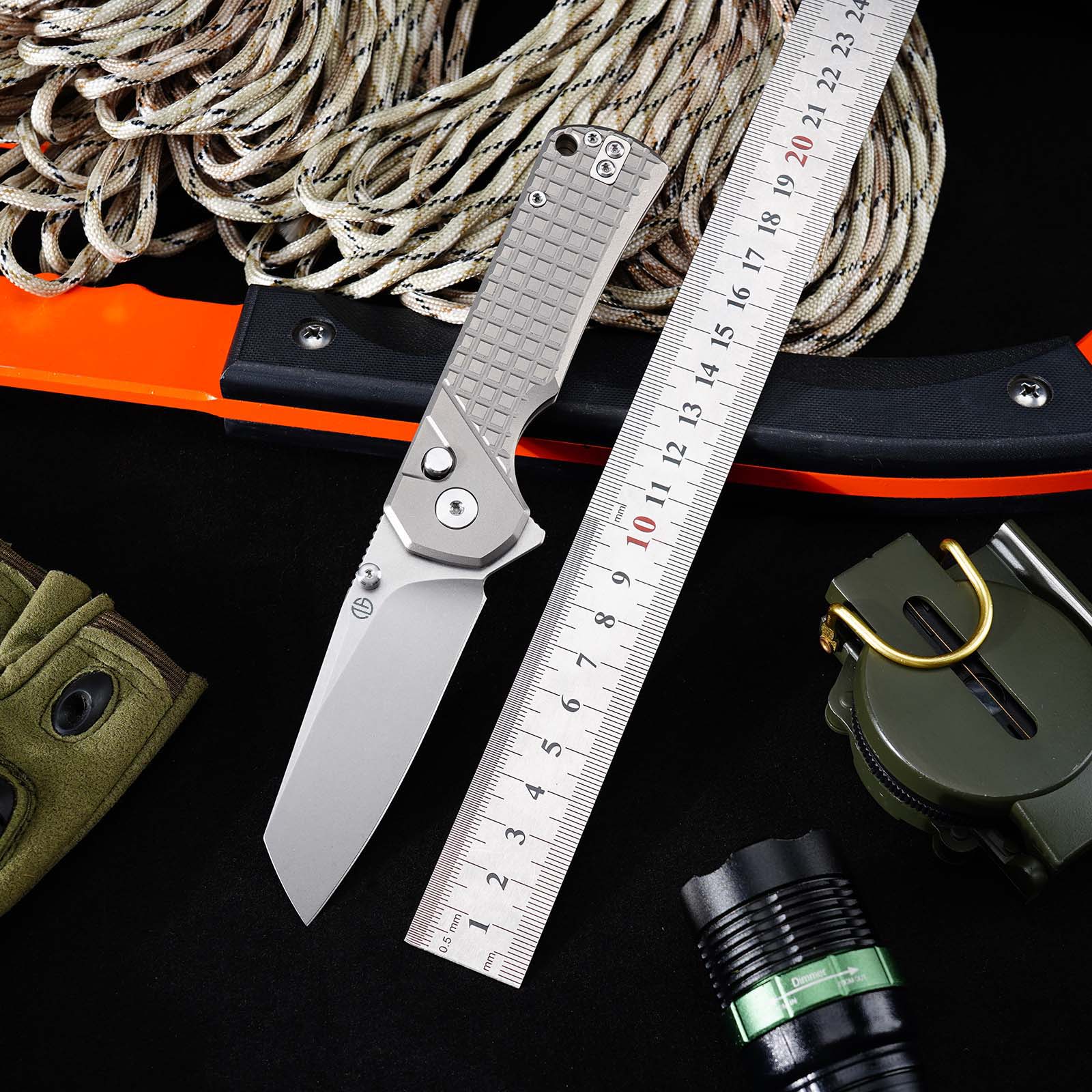 Tunafire GT-T0081  M390 EDC Folding Pocket Knife | Gray Titanium Handle Everyday Carry Outdoor Tool