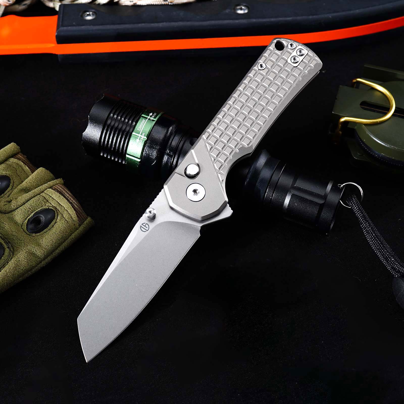 Tunafire GT-T0081  M390 EDC Folding Pocket Knife | Gray Titanium Handle Everyday Carry Outdoor Tool