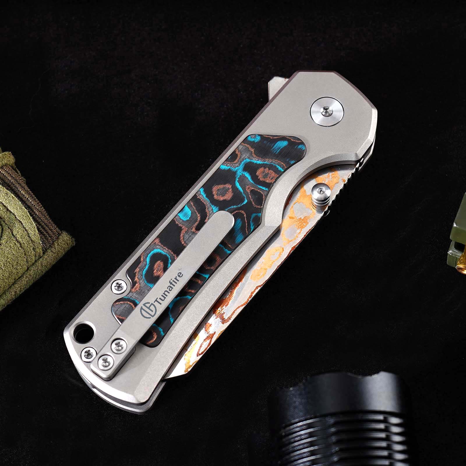 Tunafire Knives GT-T0081 3.19''M390 Steel Blade Folding Pocket Knife Blue Carbon alloy + Inlaid carbon fiber Handle EDC Knife