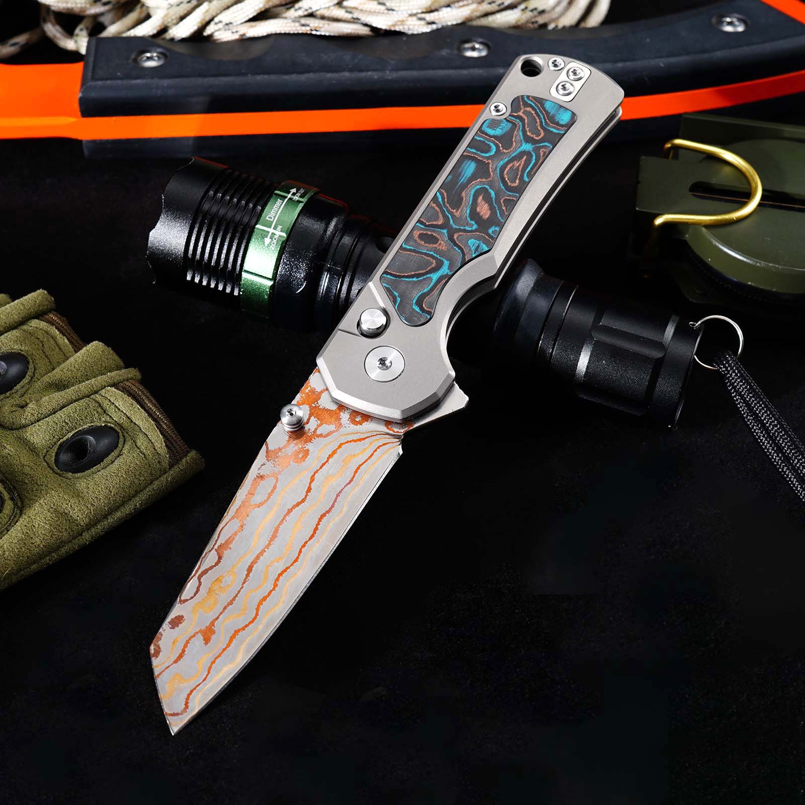 Tunafire Knives GT-T0081 3.19''M390 Steel Blade Folding Pocket Knife Blue Carbon alloy + Inlaid carbon fiber Handle EDC Knife