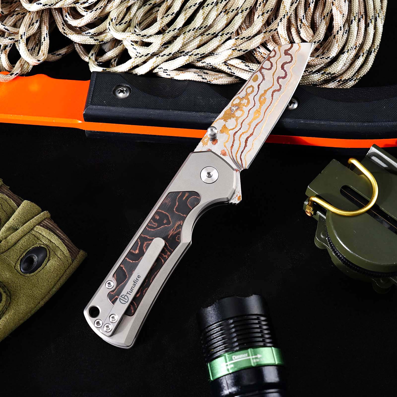 Tunafire Knives GT-T0081 3.19''M390 Steel Blade Folding Pocket Knife Blue Carbon alloy + Inlaid carbon fiber Handle EDC Knife