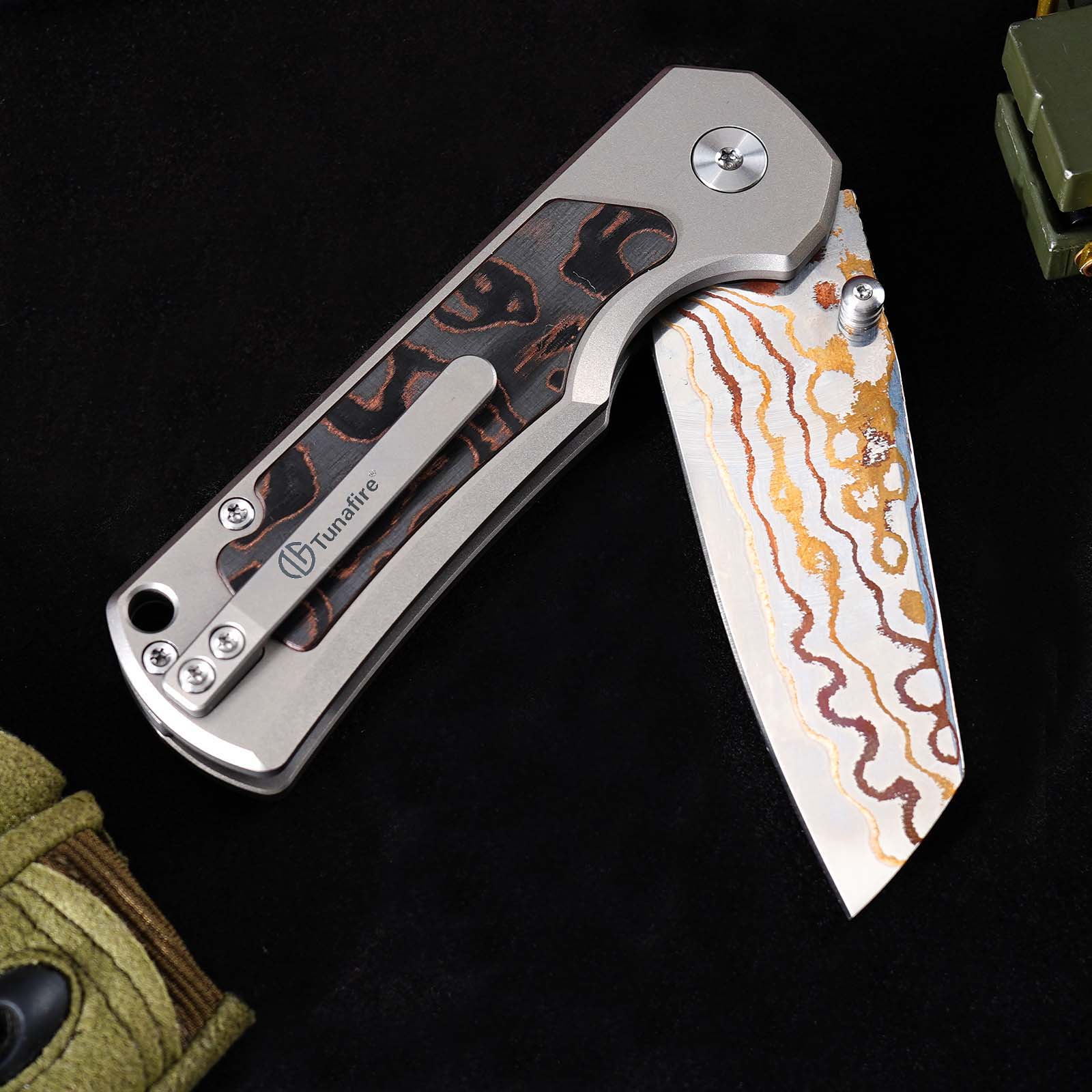 Tunafire Knives GT-T0081 3.19''M390 Steel Blade Folding Pocket Knife Blue Carbon alloy + Inlaid carbon fiber Handle EDC Knife