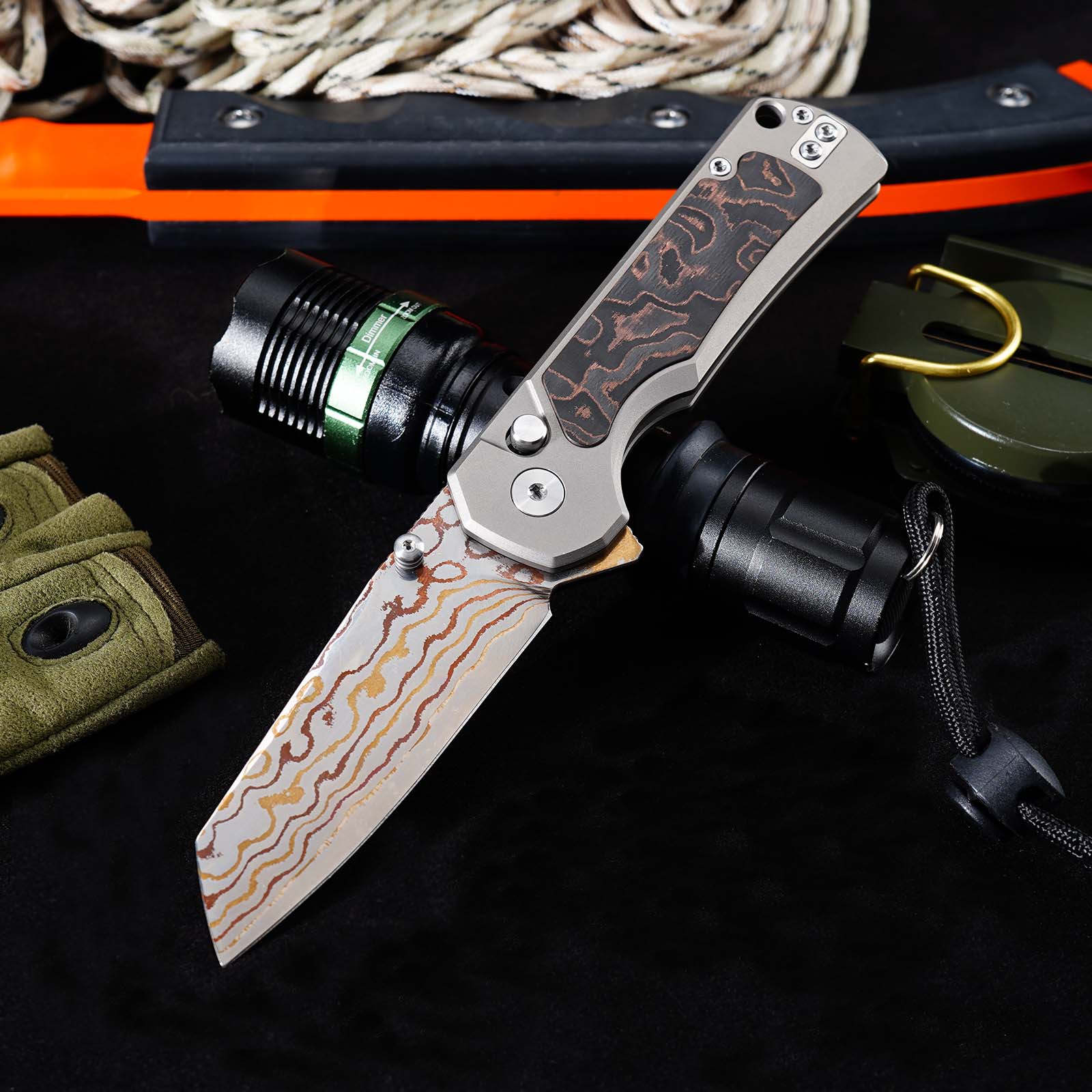 Tunafire Knives GT-T0081 3.19''M390 Steel Blade Folding Pocket Knife Blue Carbon alloy + Inlaid carbon fiber Handle EDC Knife