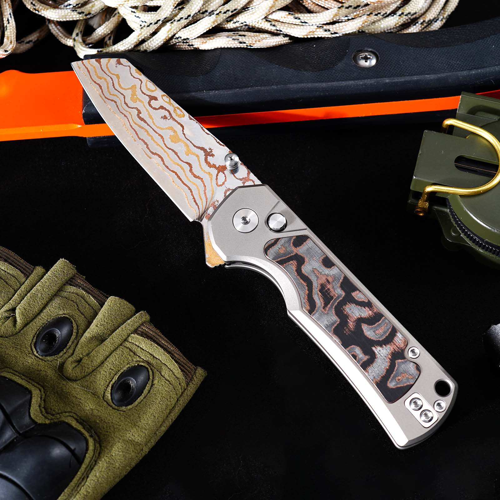 Tunafire Knives GT-T0081 3.19''M390 Steel Blade Folding Pocket Knife Blue Carbon alloy + Inlaid carbon fiber Handle EDC Knife
