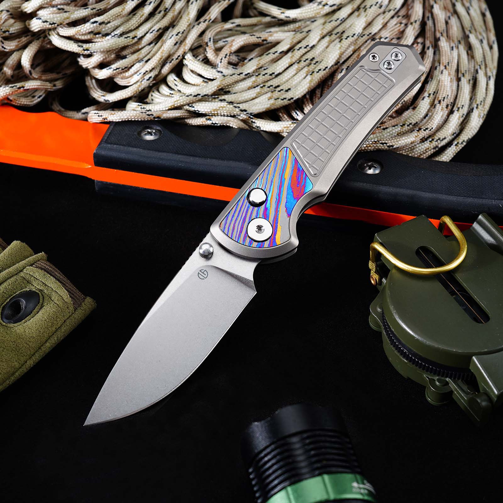 Tunafire Knives GT-T0082 M390 Button Lock Folding Knife, Titanium Handle with Zirconium Inlay, Stonewashed Pocket Knife for EDC