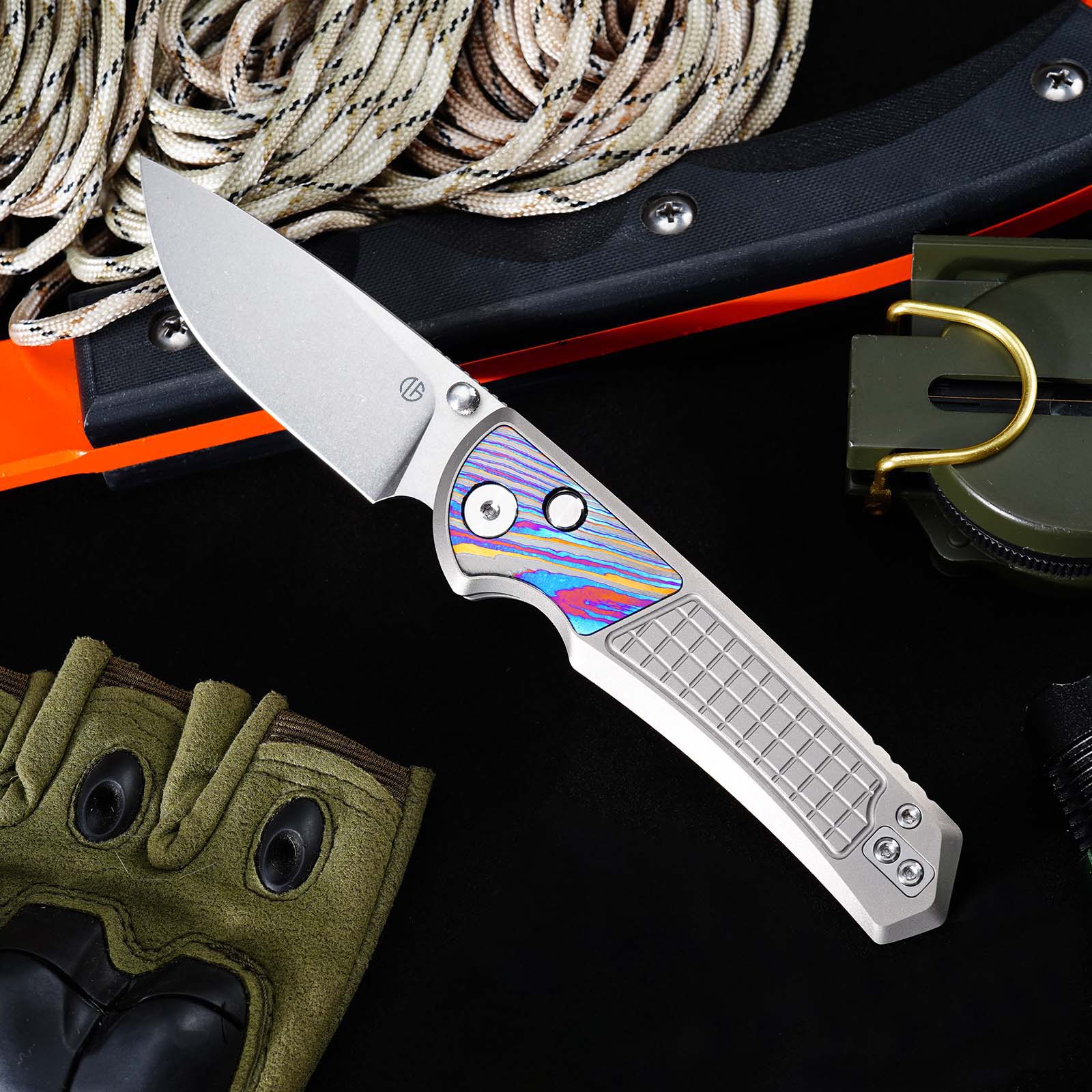 Tunafire Knives GT-T0082 M390 Button Lock Folding Knife, Titanium Handle with Zirconium Inlay, Stonewashed Pocket Knife for EDC
