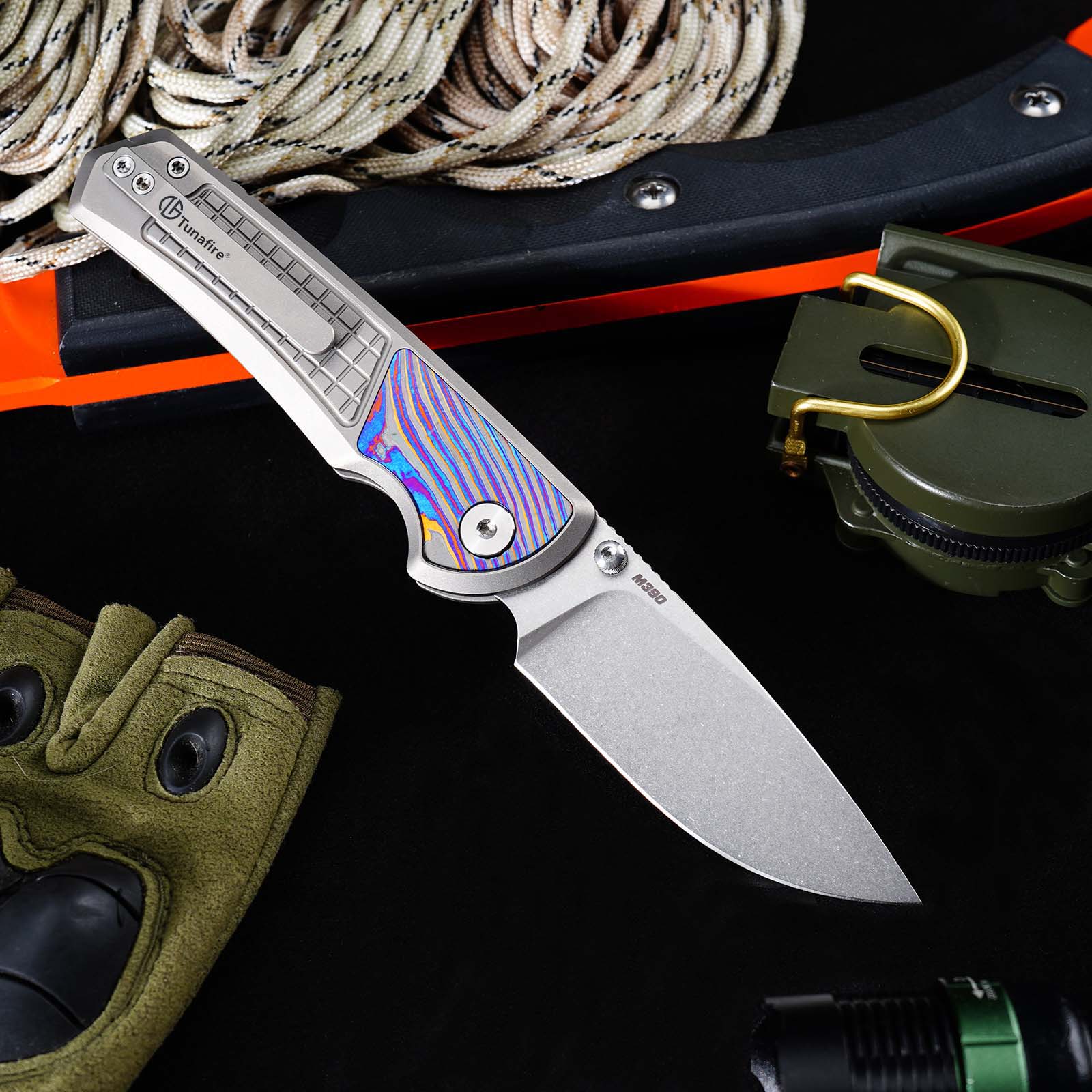 Tunafire Knives GT-T0082 M390 Button Lock Folding Knife, Titanium Handle with Zirconium Inlay, Stonewashed Pocket Knife for EDC