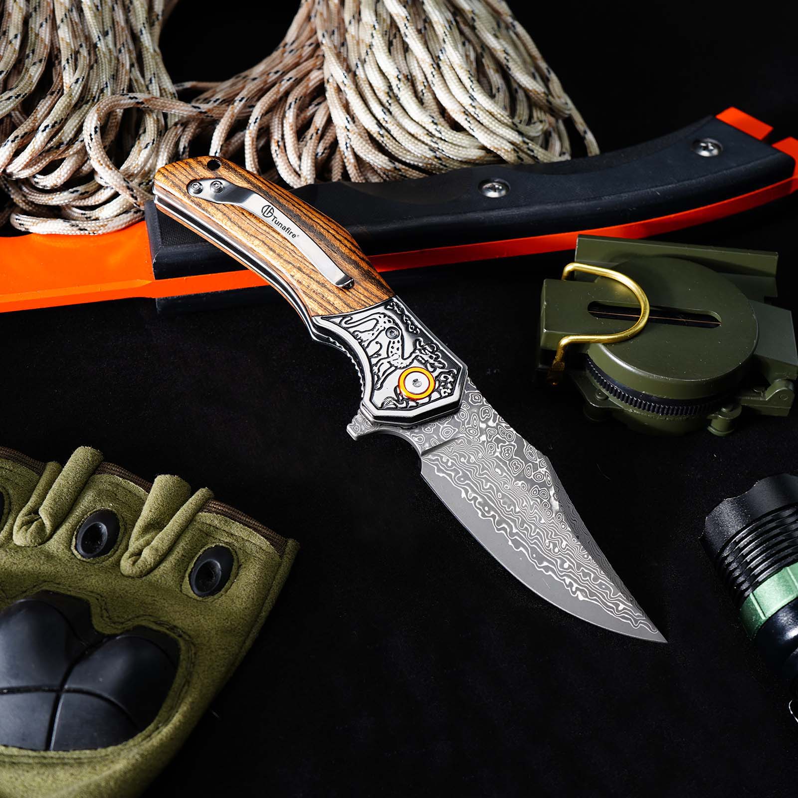 Tunafire GT-DM052 Damascus Steel Folding Knife, Zebra Wood Handle With Carved Steel Bolster Portable EDC Pocket Knife Outdoor Survival Tool