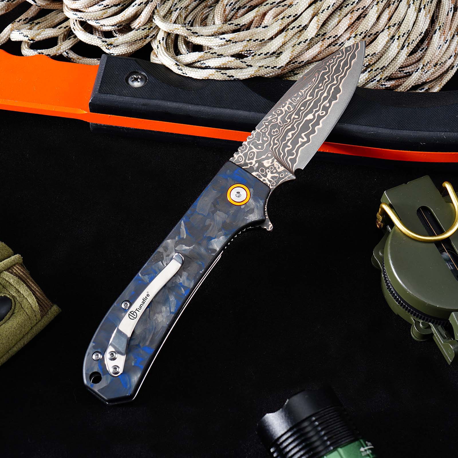 Tunafire Knife Pocket Folding Knife GT-DM044-2 | Copper Damascus Blade with VG10 Core | Blue Carbon Fiber Grip Ball Bearing EDC Outdoor Cutting Tool