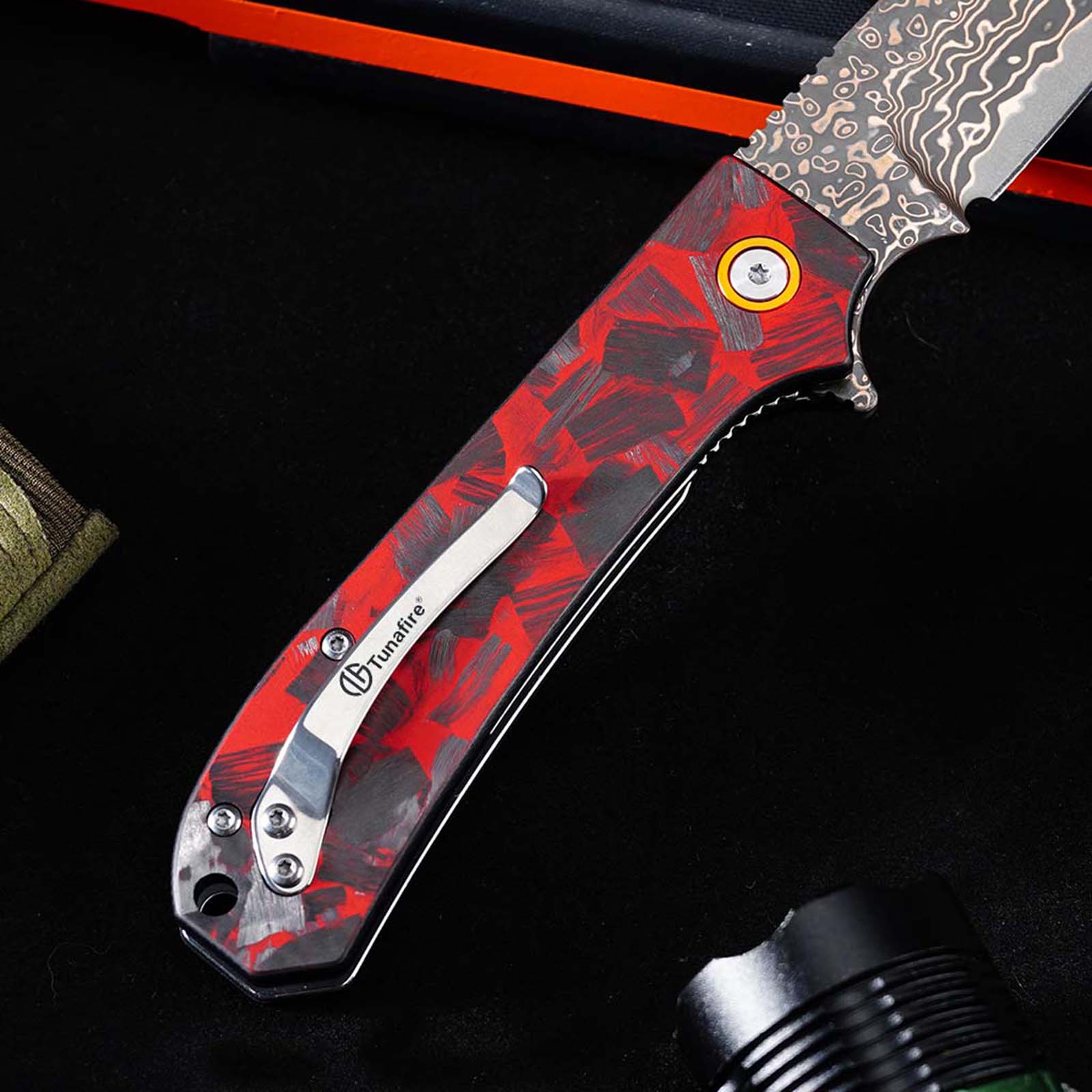 Tunafire Knife GT-DM044-2 VG10 Core Copper Damascus Folding Knife Red Carbon Fiber Handle 58-59HRC Ball Bearing EDC Pocket Knife