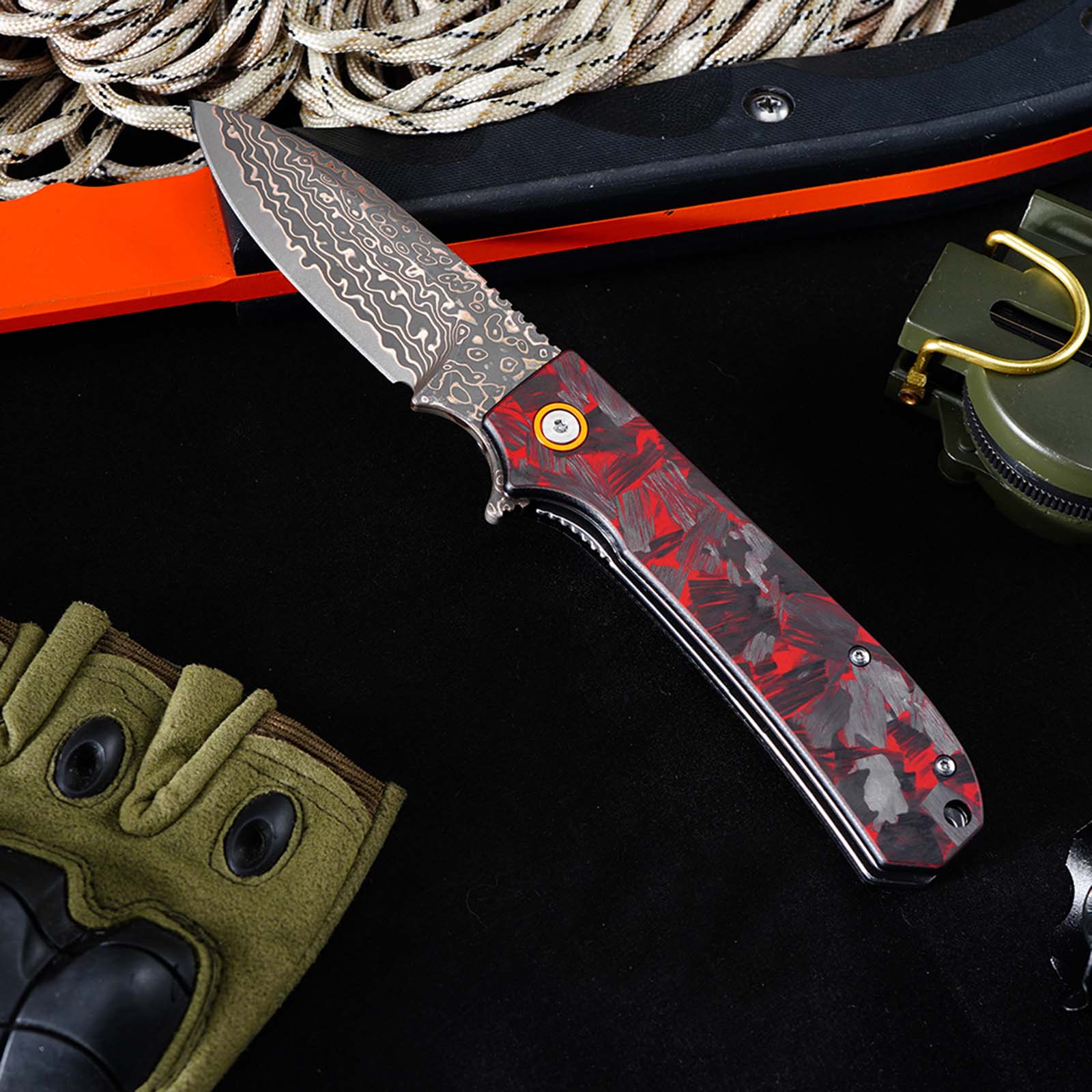 Tunafire Knife GT-DM044-2 VG10 Core Copper Damascus Folding Knife Red Carbon Fiber Handle 58-59HRC Ball Bearing EDC Pocket Knife