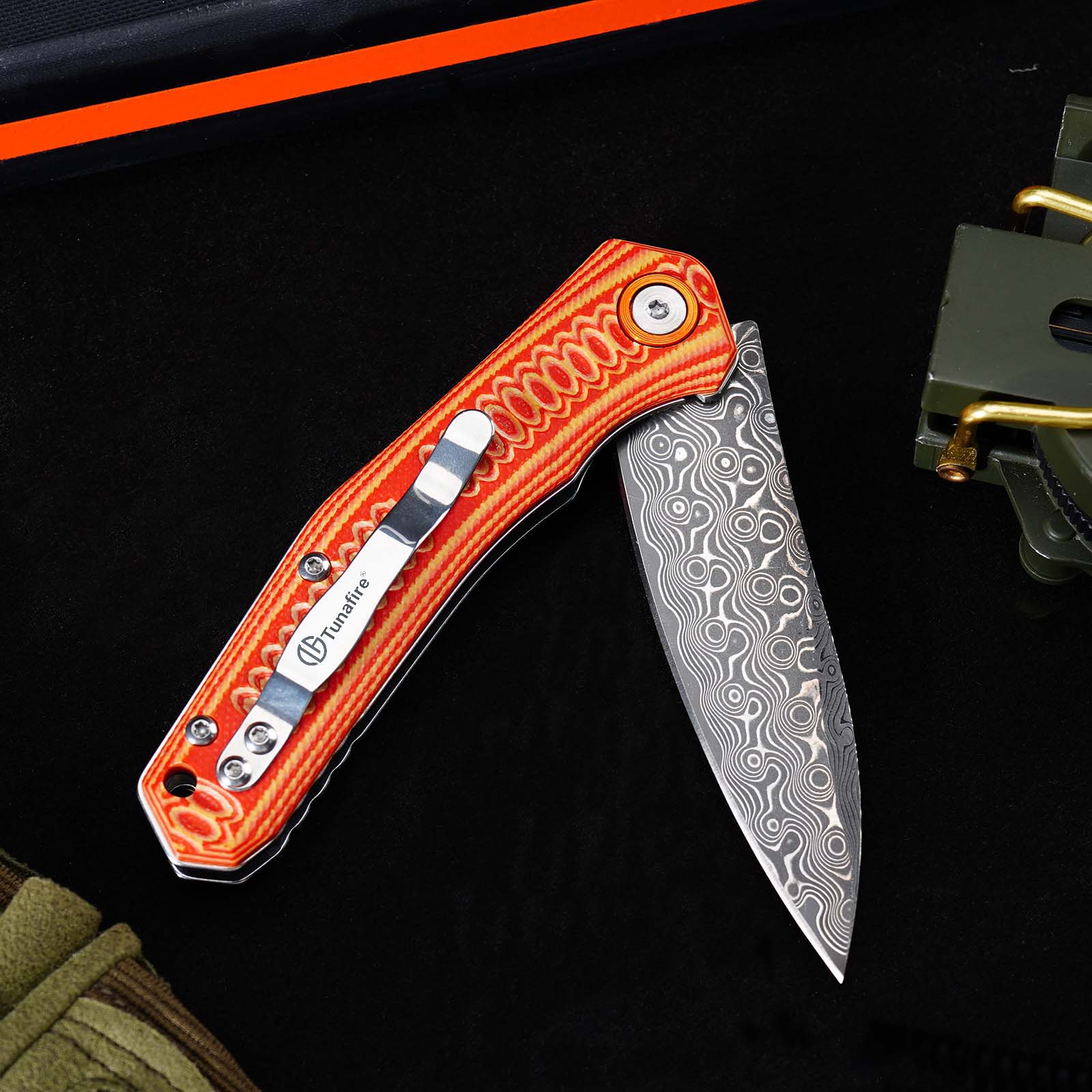 Tunafire Knives GT-DM055 Damascus Steel Folding Knife, Ball Bearing Color G10 Handle EDC Pocket Knife