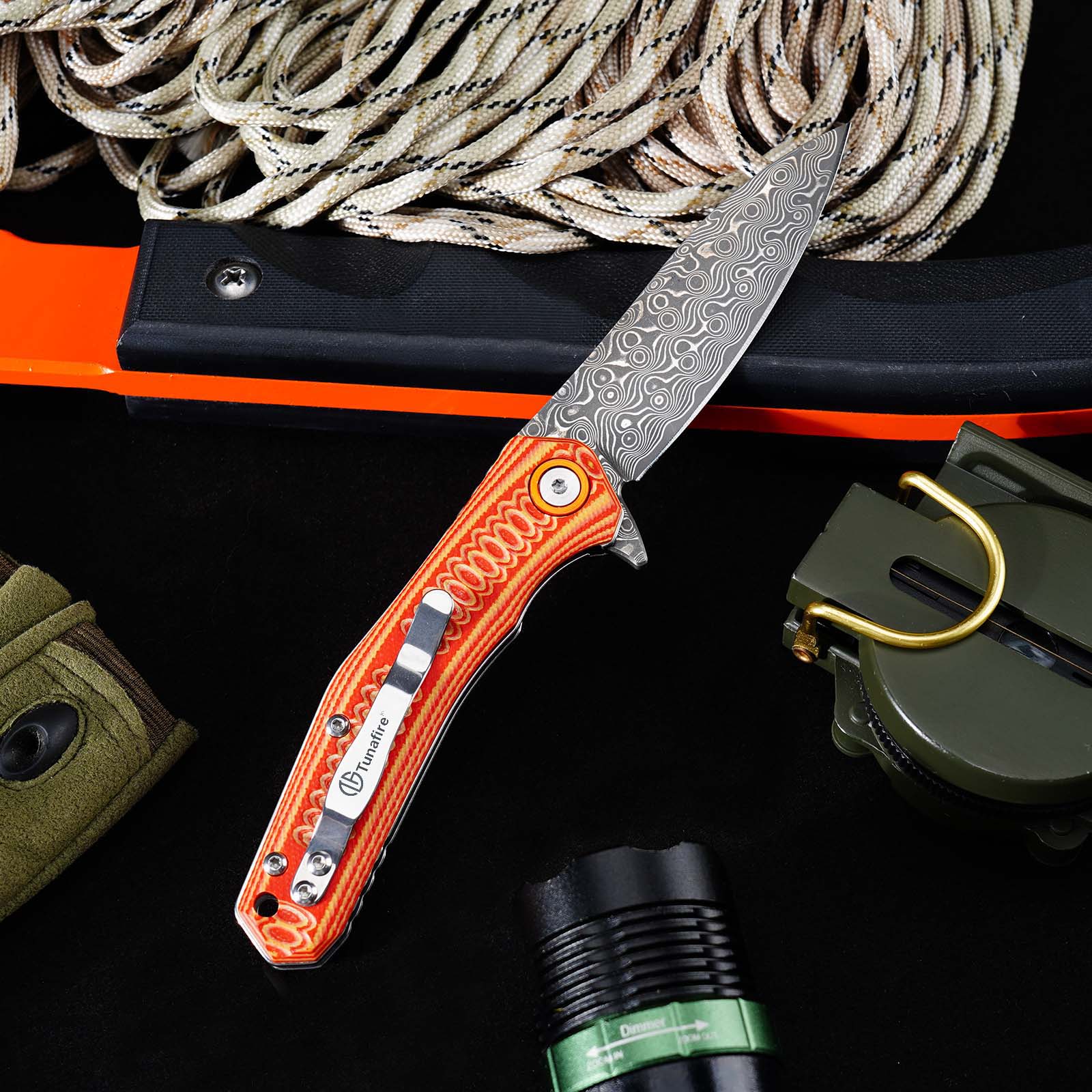 Tunafire Knives GT-DM055 Damascus Steel Folding Knife, Ball Bearing Color G10 Handle EDC Pocket Knife