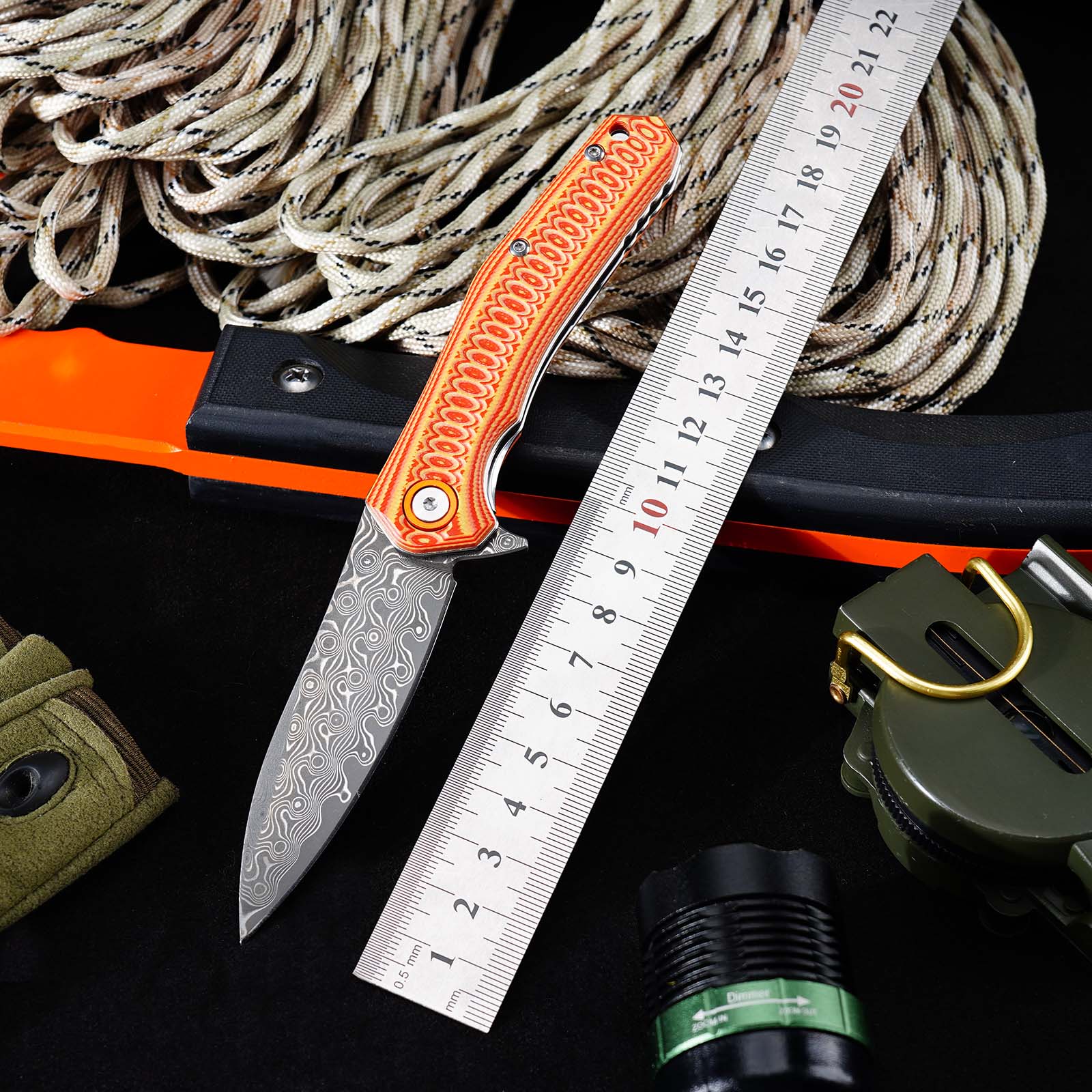 Tunafire Knives GT-DM055 Damascus Steel Folding Knife, Ball Bearing Color G10 Handle EDC Pocket Knife