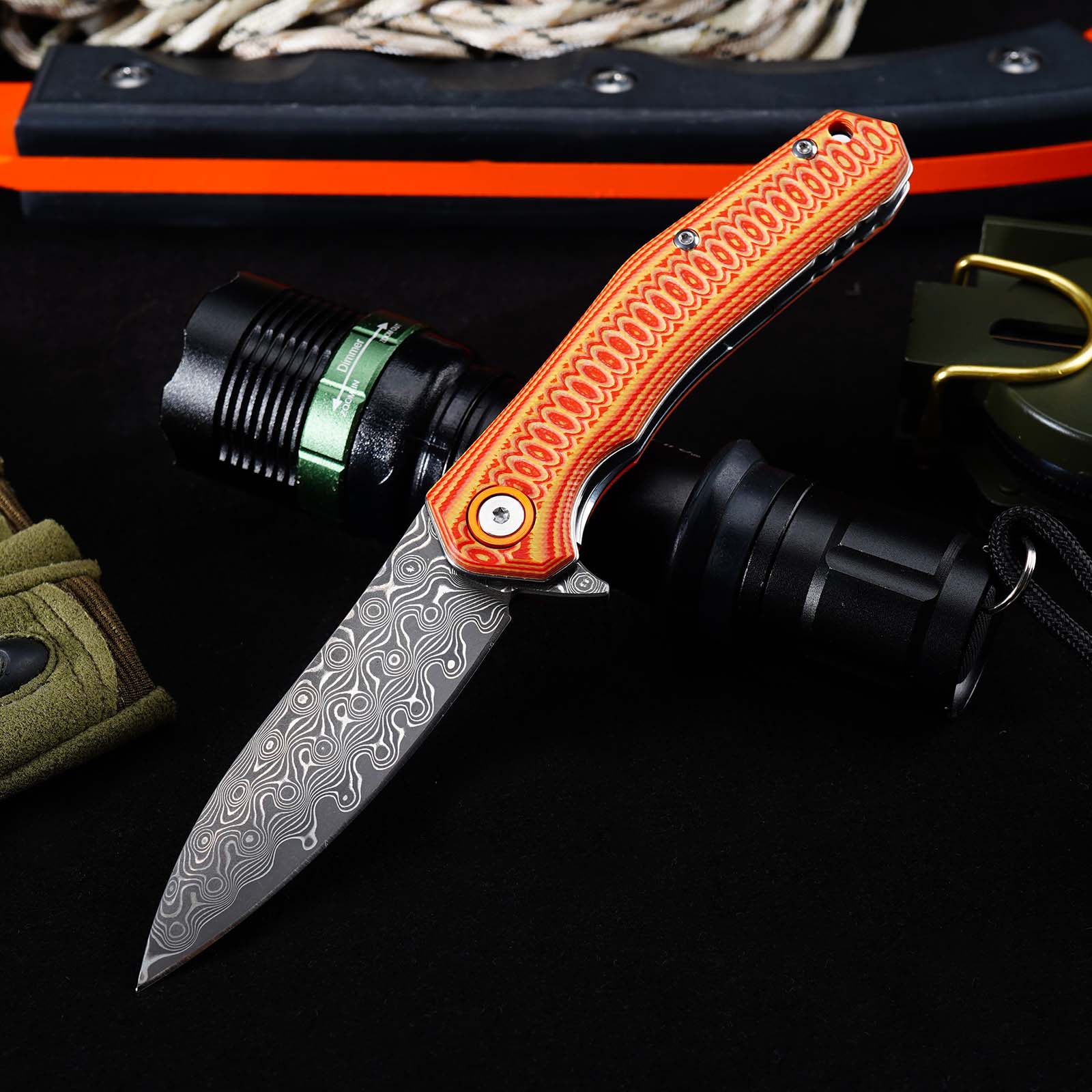 Tunafire Knives GT-DM055 Damascus Steel Folding Knife, Ball Bearing Color G10 Handle EDC Pocket Knife
