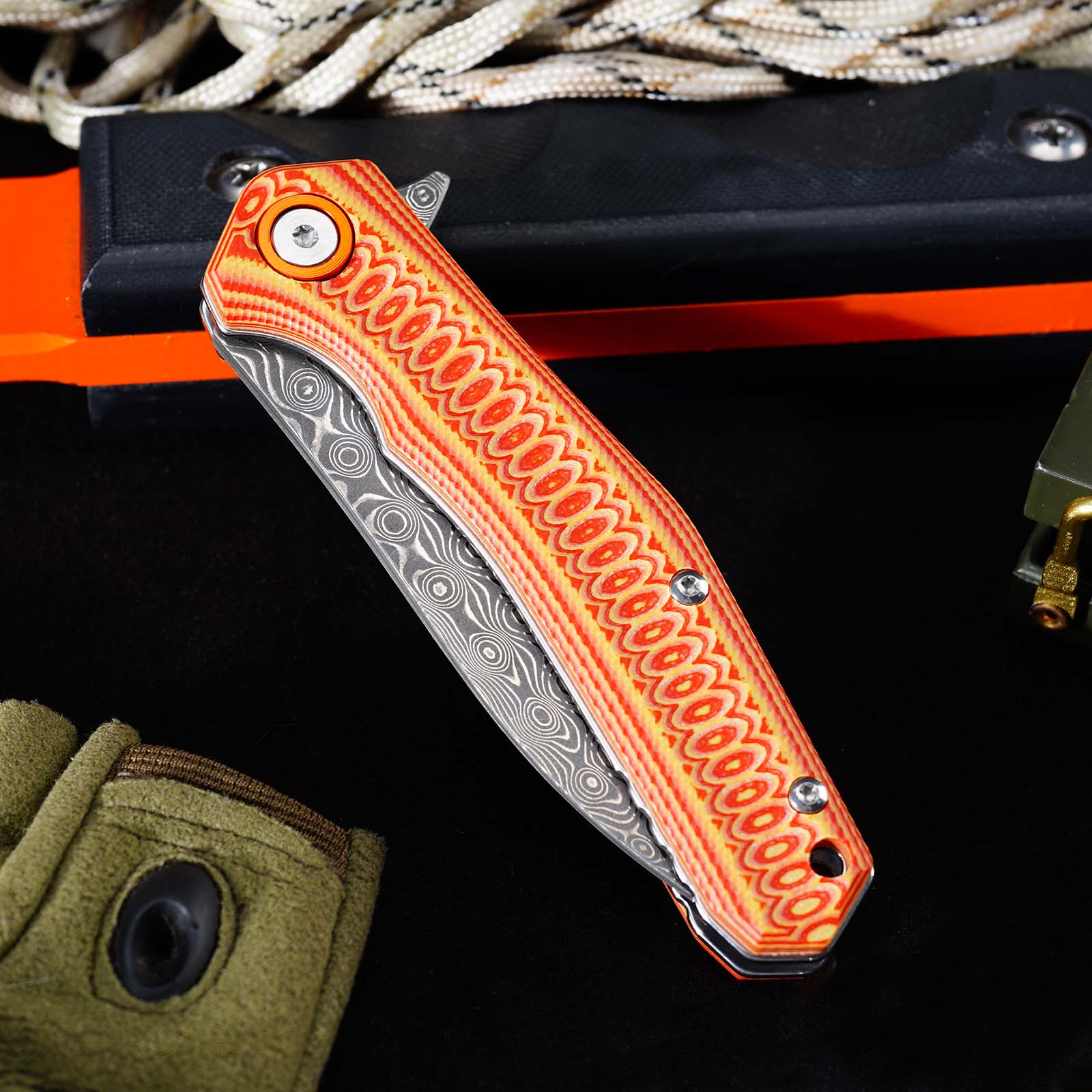 Tunafire Knives GT-DM055 Damascus Steel Folding Knife, Ball Bearing Color G10 Handle EDC Pocket Knife