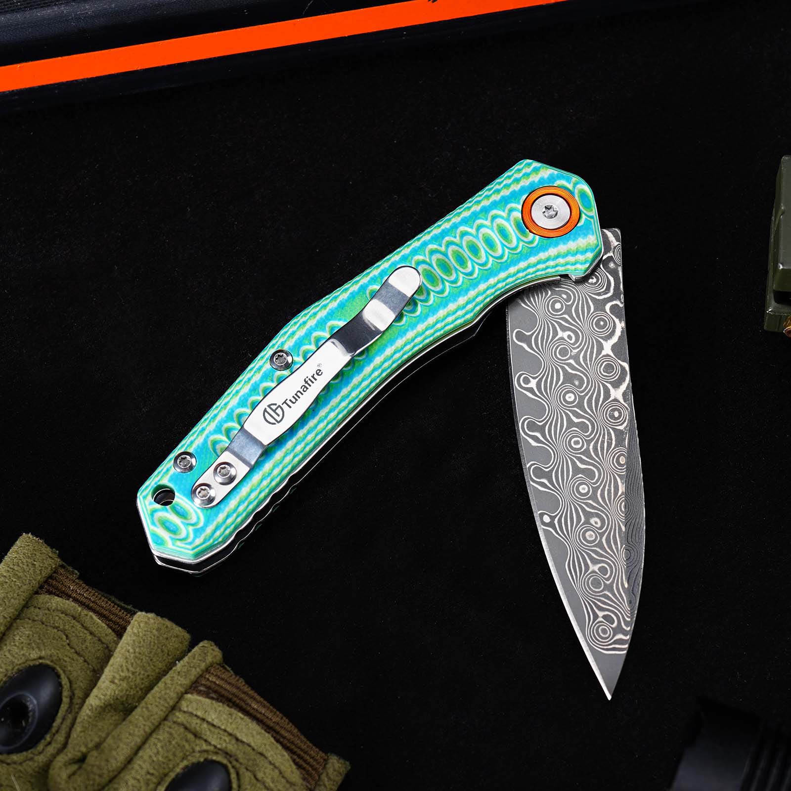 Tunafire Knives Damascus Steel Blade G10 Handle Ball Bearing Flipper Knife Outdoor Hiking Camping Knife GT-DM055